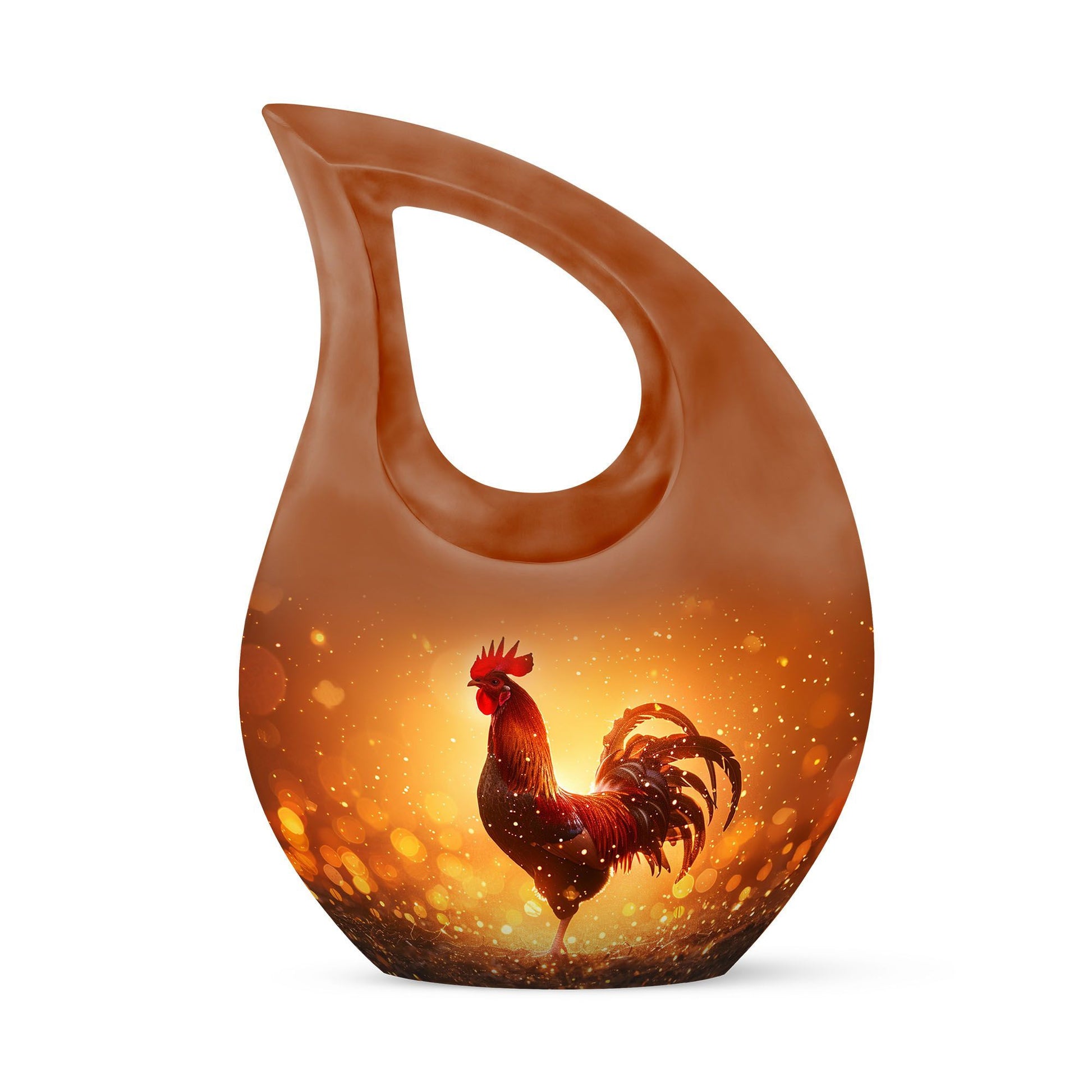 10-inch Chicken themed Cross Drop urn for ashes, can be personalized with engraved names