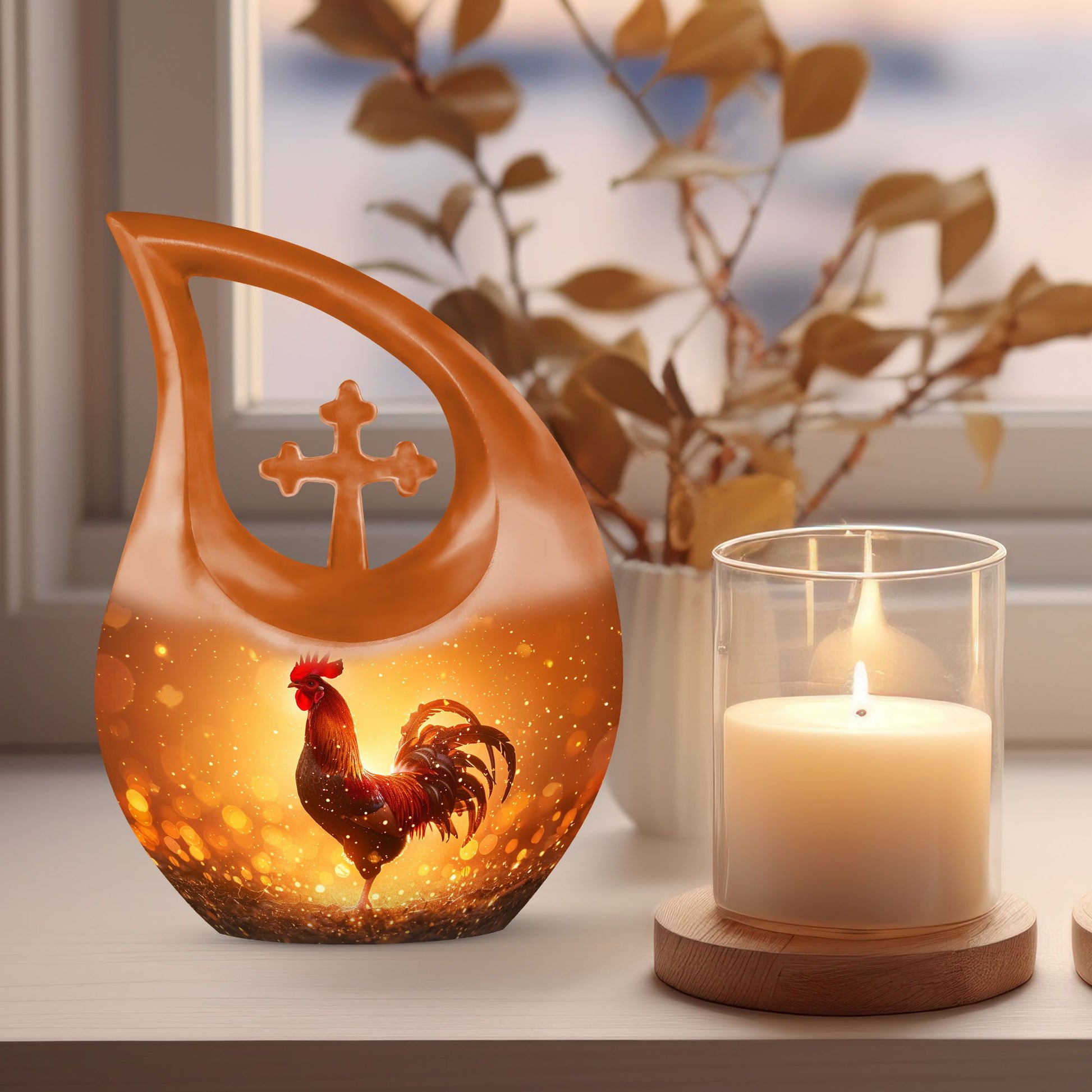 10-inch Chicken themed Cross Drop urn for ashes, can be personalized with engraved names