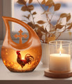 10-inch Chicken themed Cross Drop urn for ashes, can be personalized with engraved names