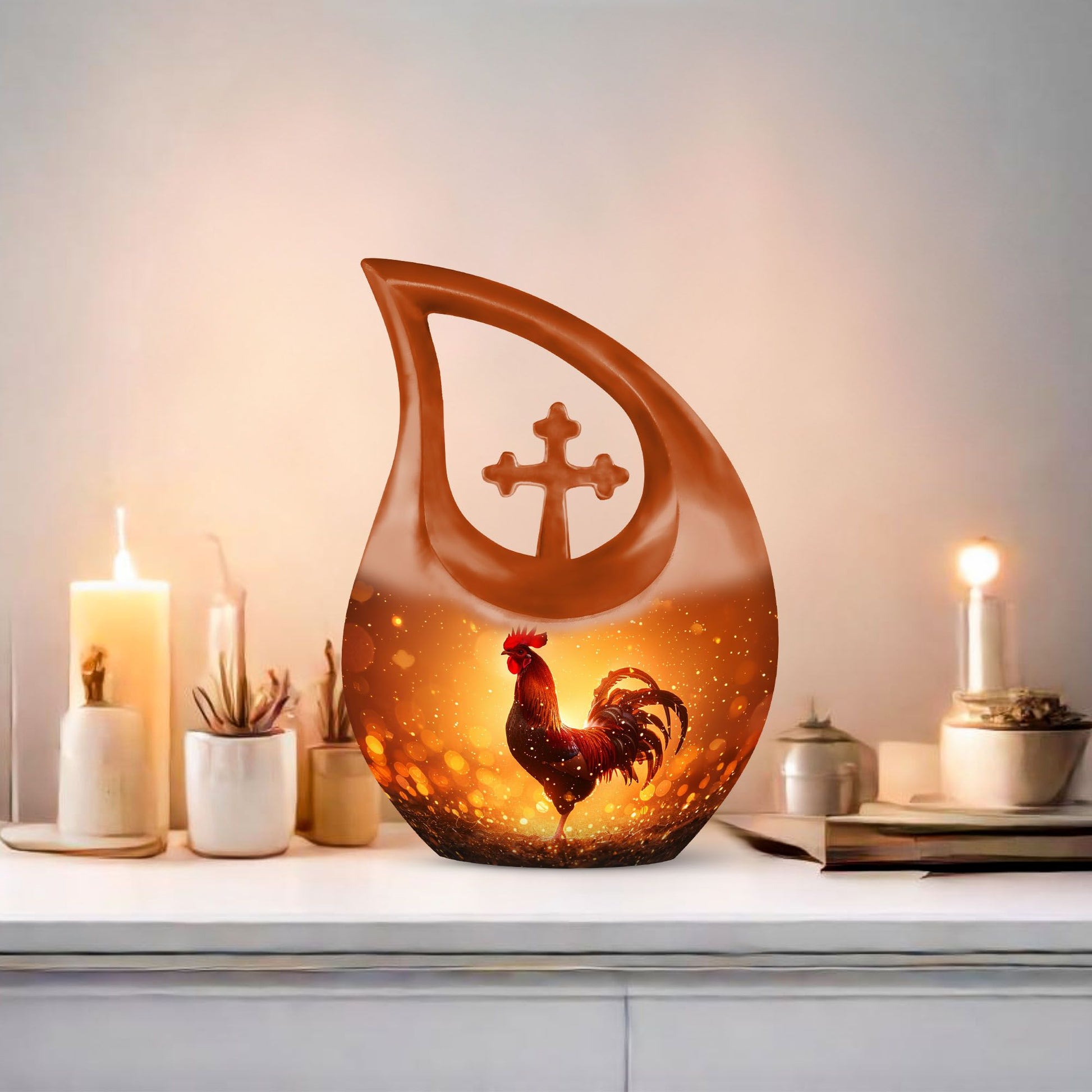 10-inch Chicken themed Cross Drop urn for ashes, can be personalized with engraved names