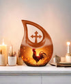 10-inch Chicken themed Cross Drop urn for ashes, can be personalized with engraved names