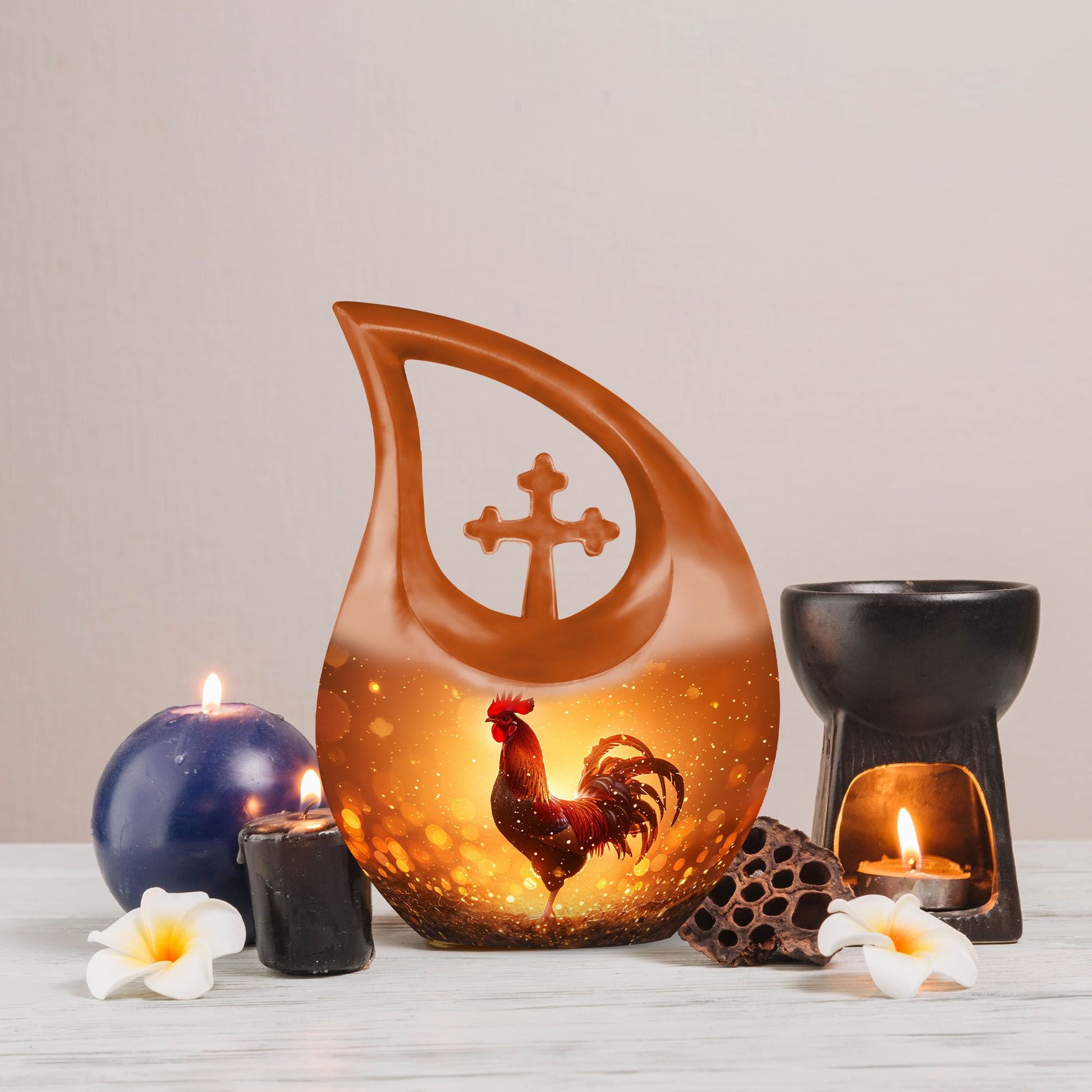 10-inch Chicken themed Cross Drop urn for ashes, can be personalized with engraved names