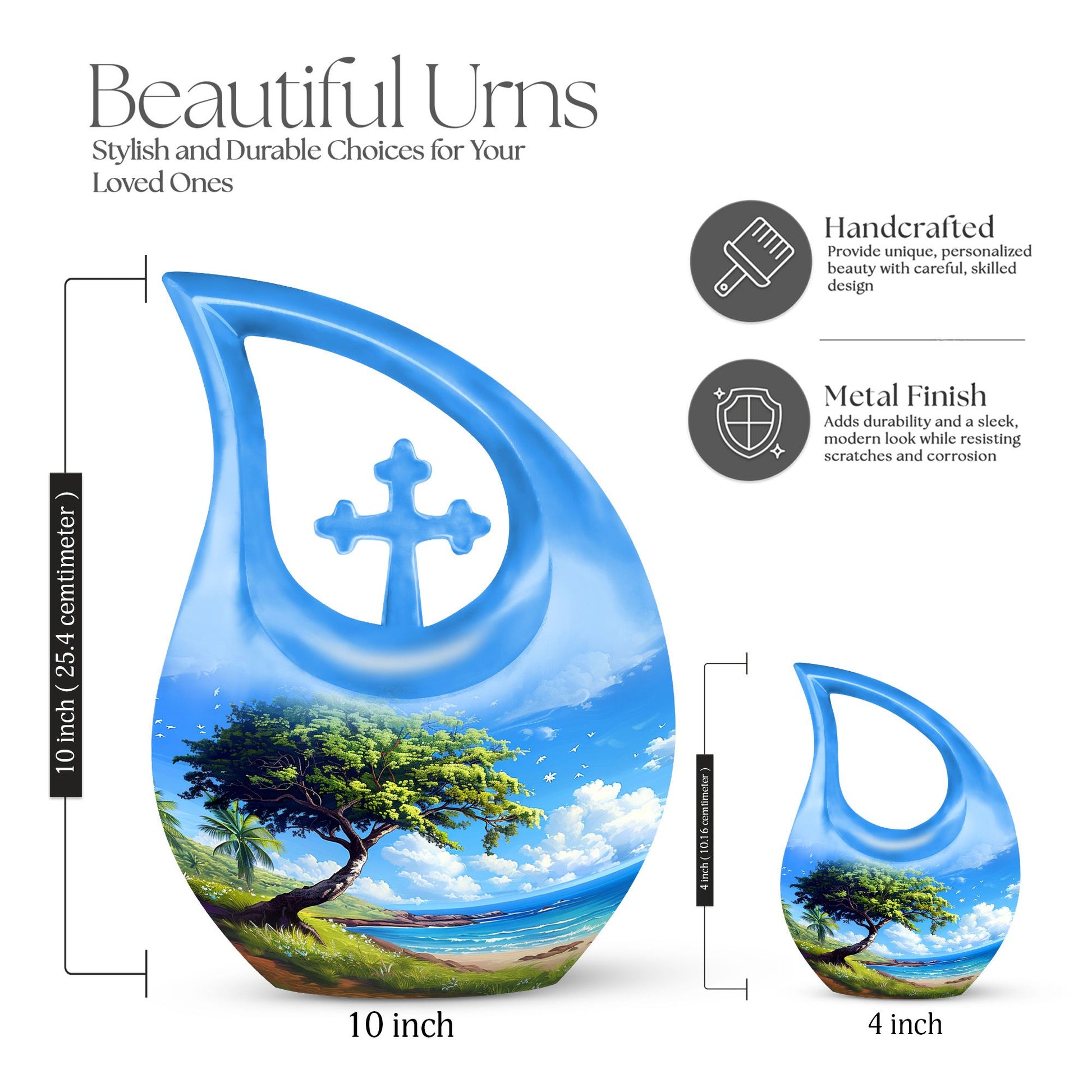 10-inch Beach Urn with Cross Drop design, a unique KeepSake Urn for ashes, customizable