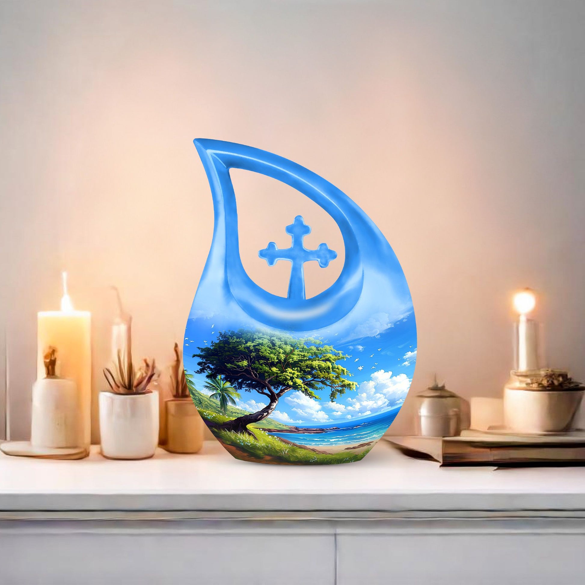 10-inch Beach Urn with Cross Drop design, a unique KeepSake Urn for ashes, customizable