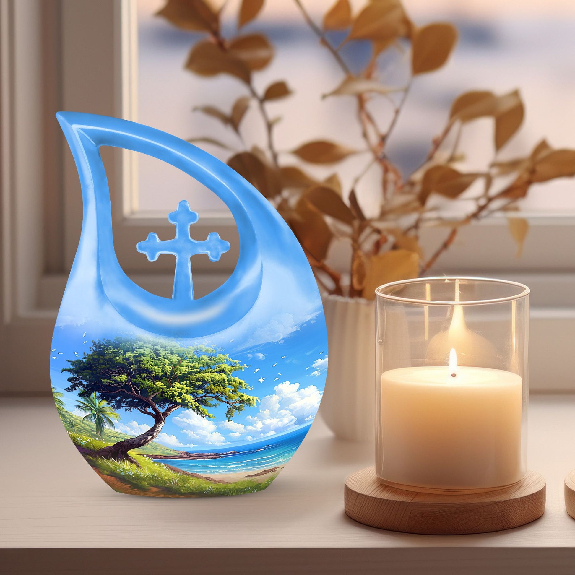 10-inch Beach Urn with Cross Drop design, a unique KeepSake Urn for ashes, customizable