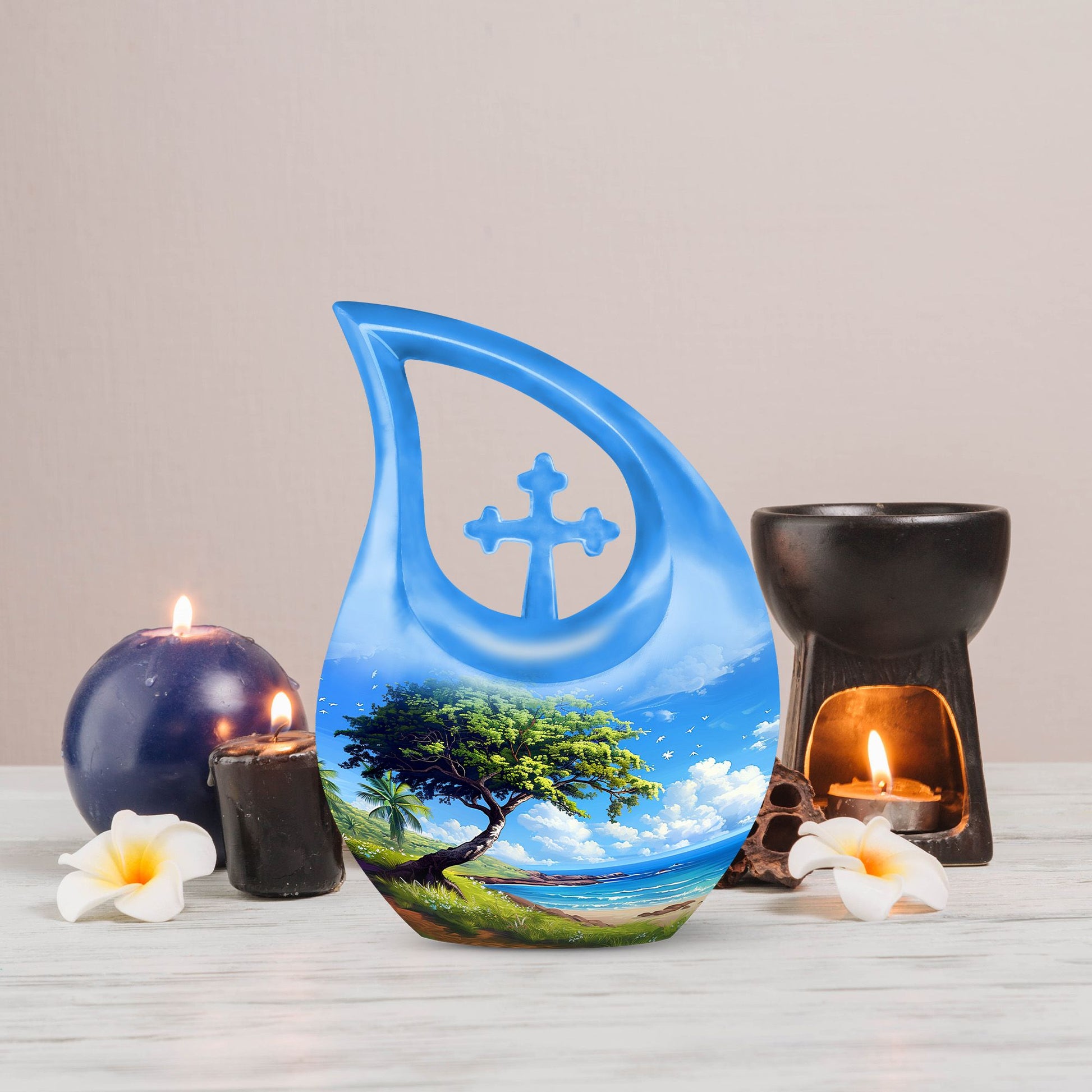 10-inch Beach Urn with Cross Drop design, a unique KeepSake Urn for ashes, customizable