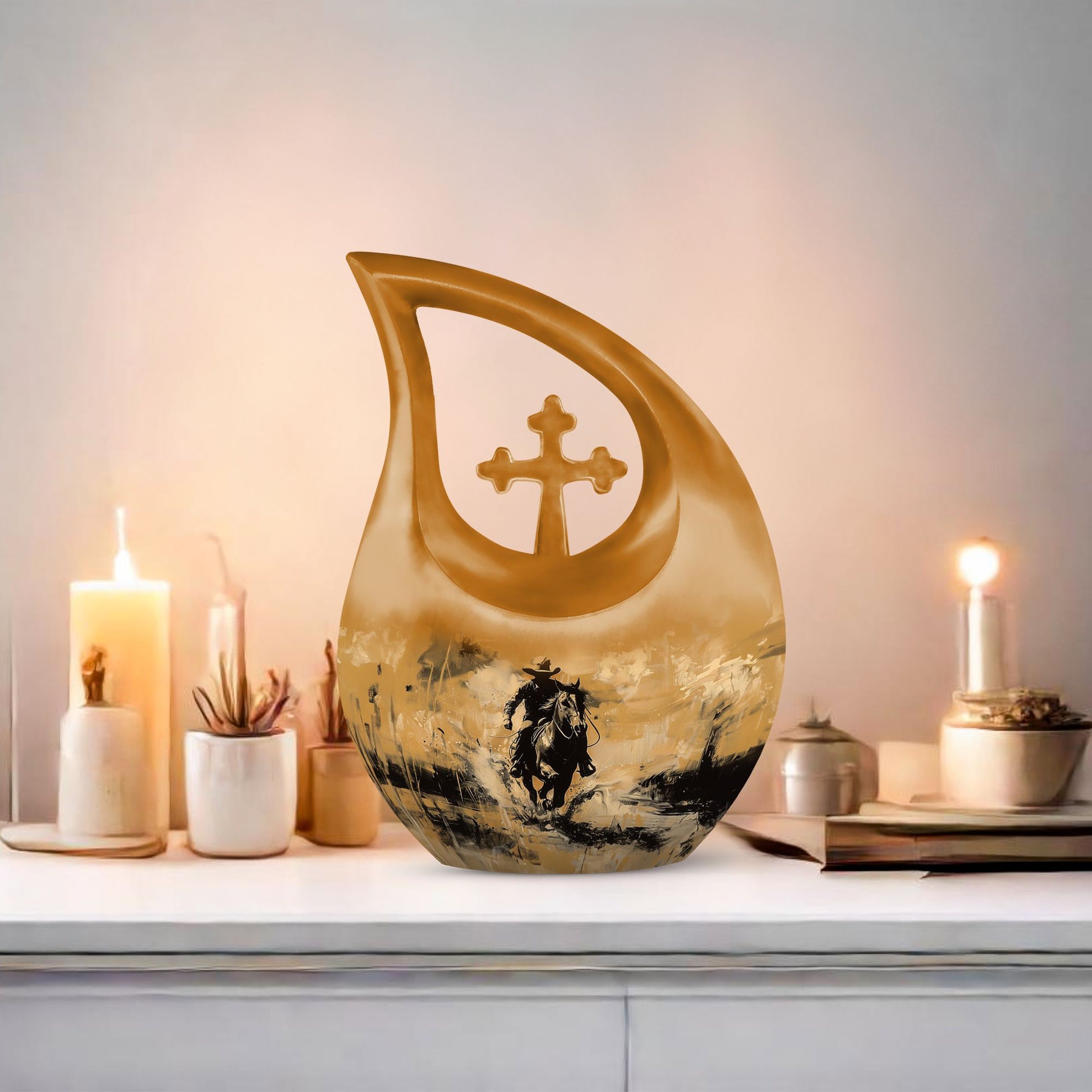 10-inch Cowboy-themed Cross Drop design Urn