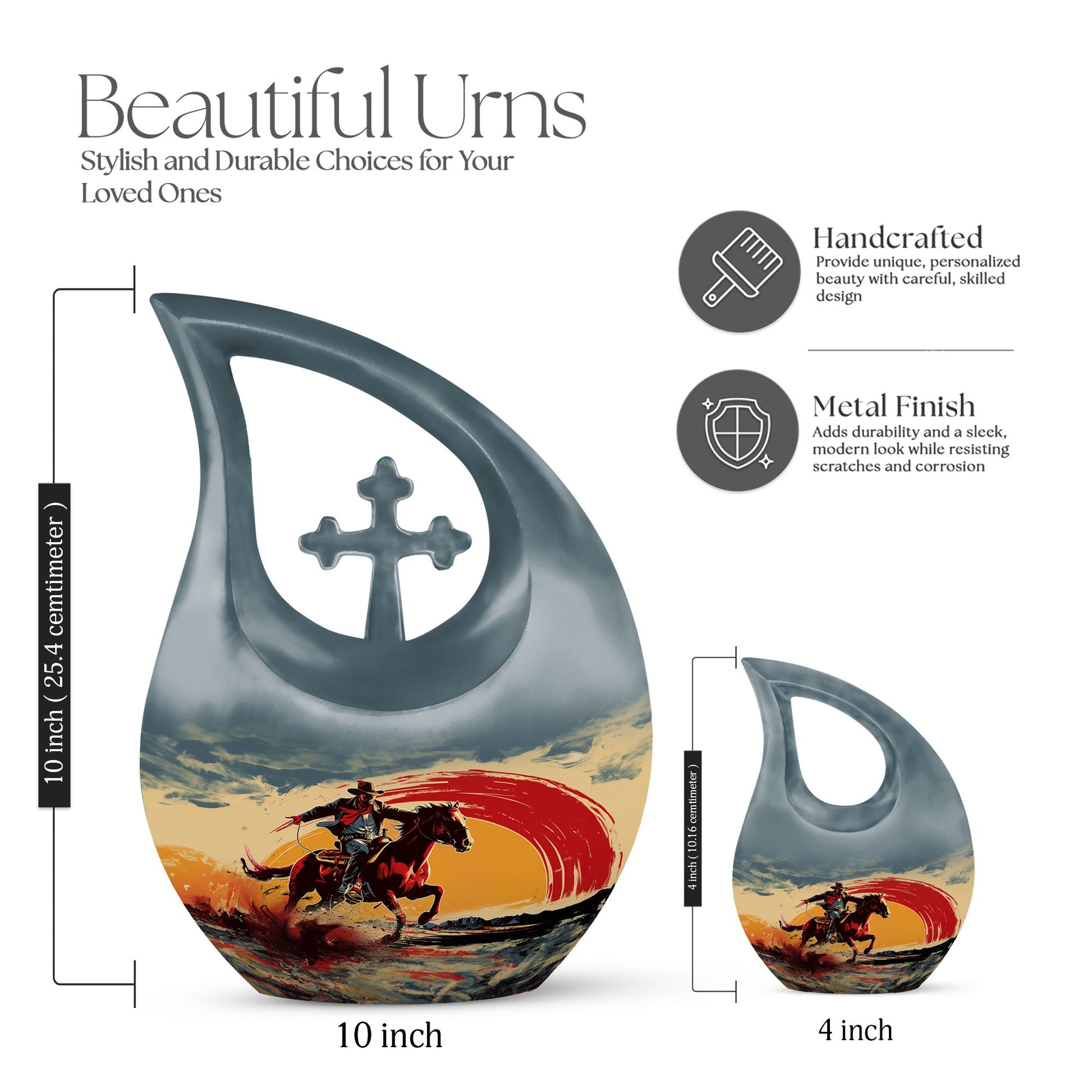 10-inch Cowboy-themed large aluminium cremation urn