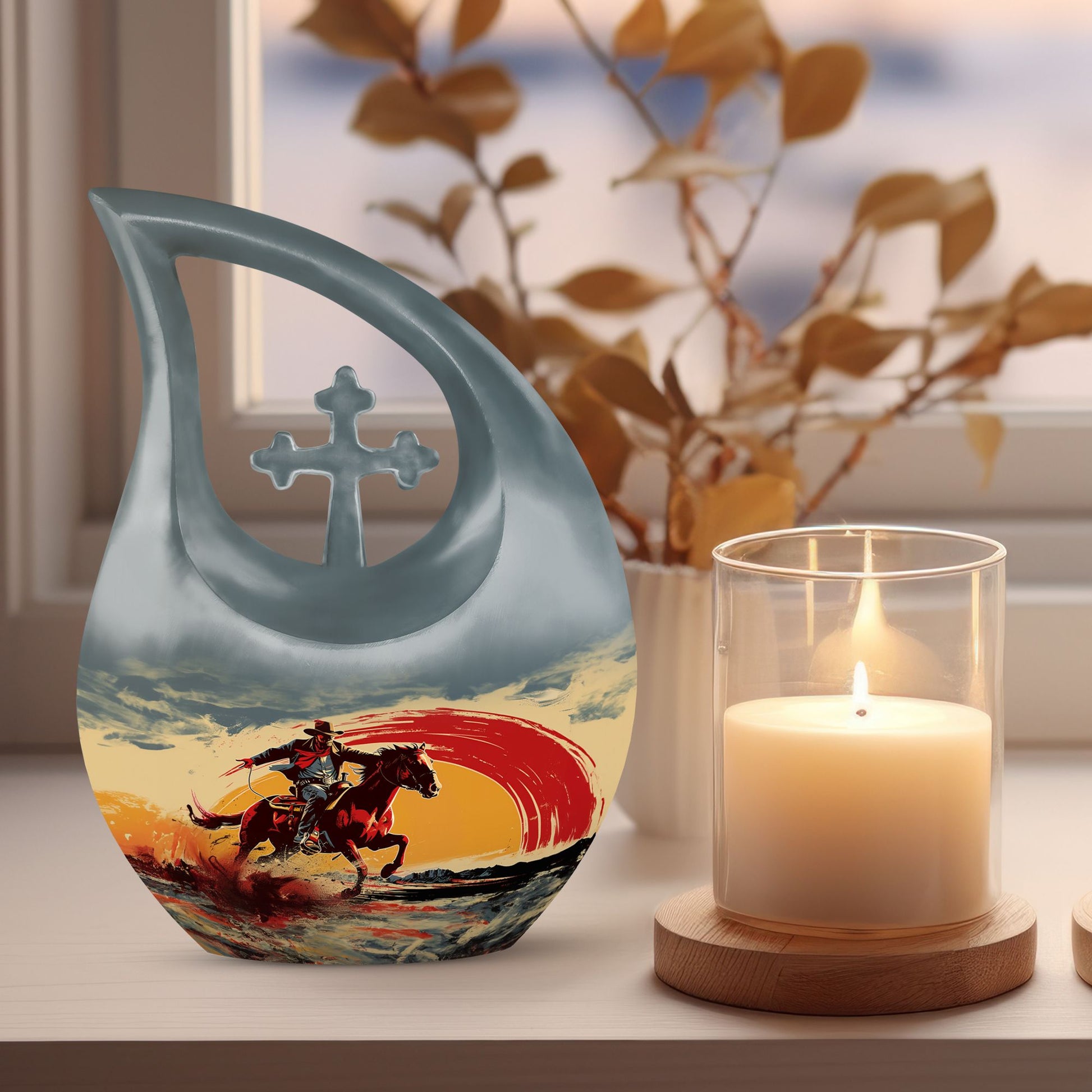 10-inch Cowboy-themed large aluminium cremation urn