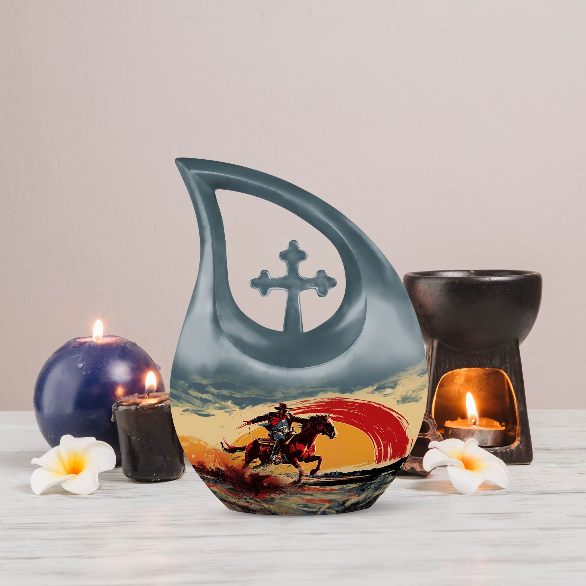 10-inch Cowboy-themed large aluminium cremation urn