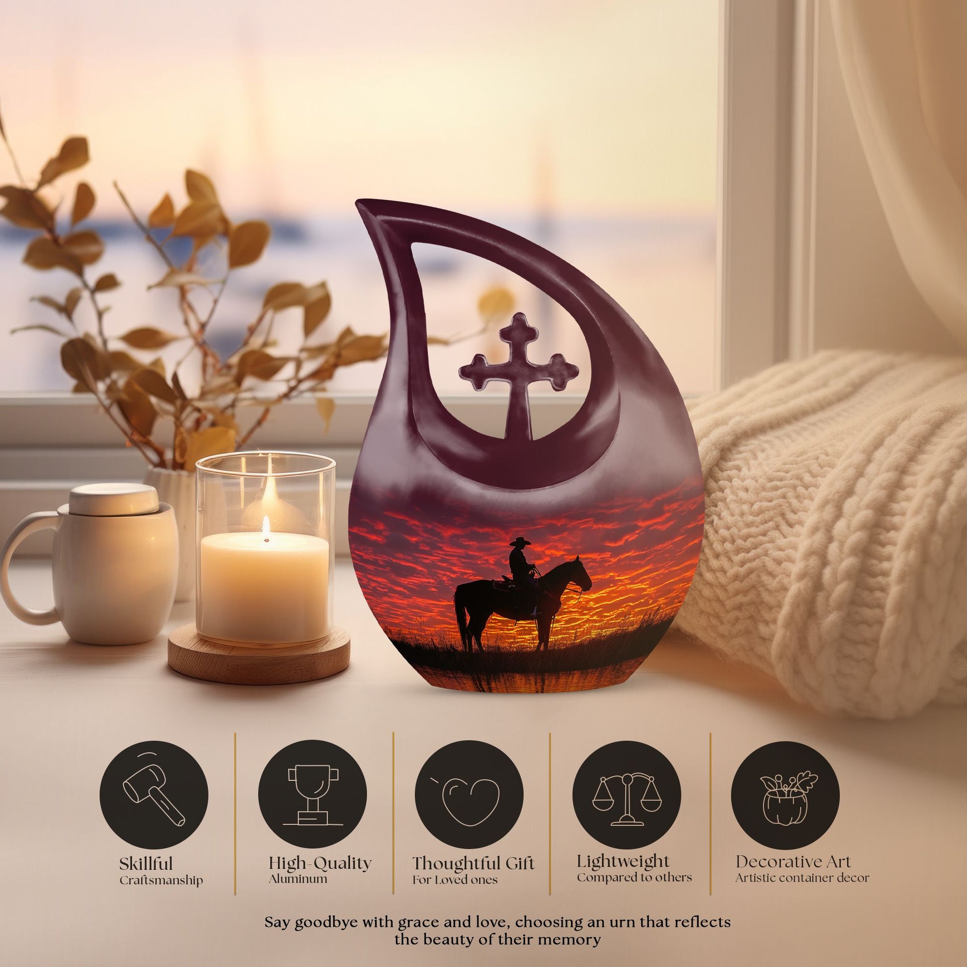 10-inch Cowboy theme Cross Drop design urn for human ashes