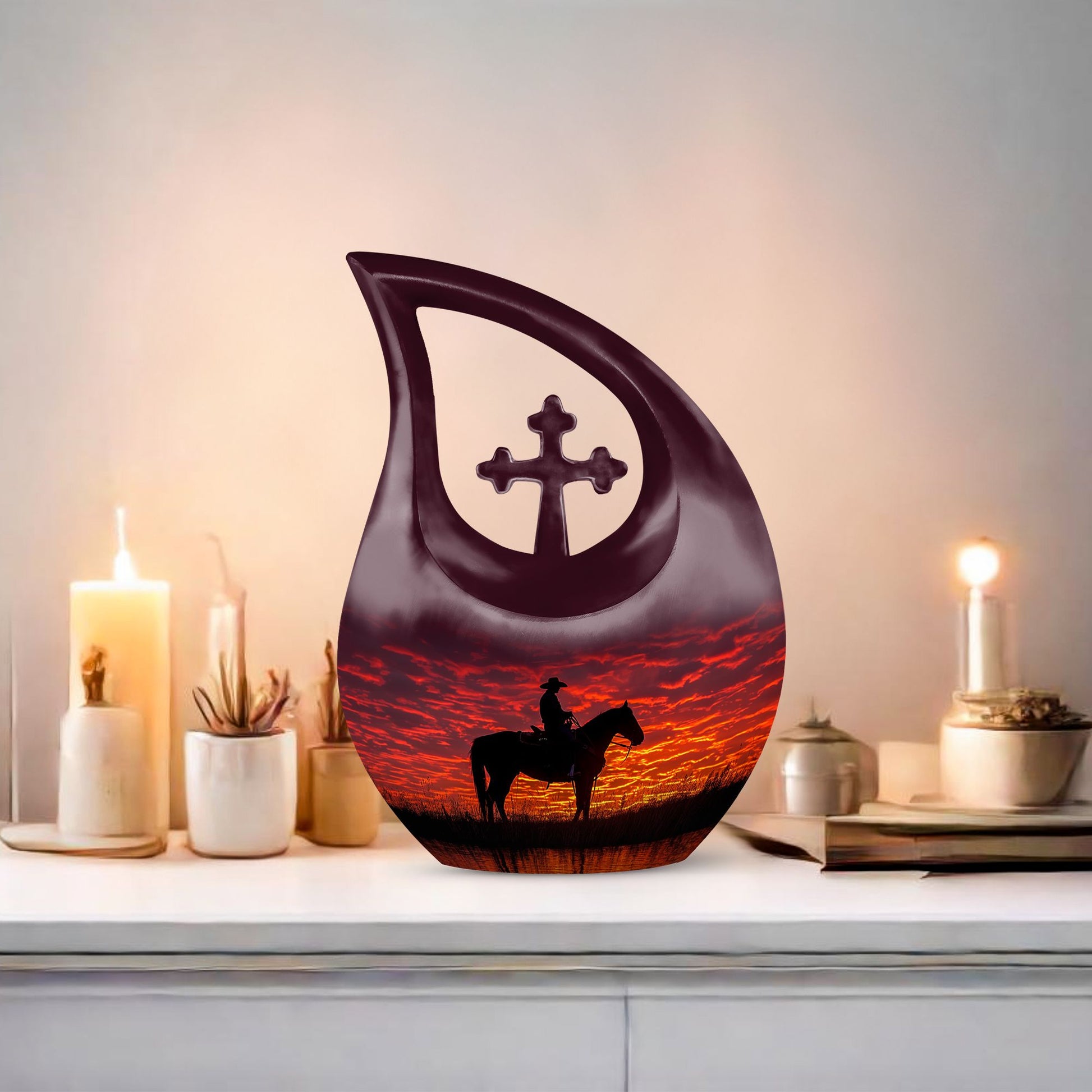 10-inch Cowboy theme Cross Drop design urn for human ashes