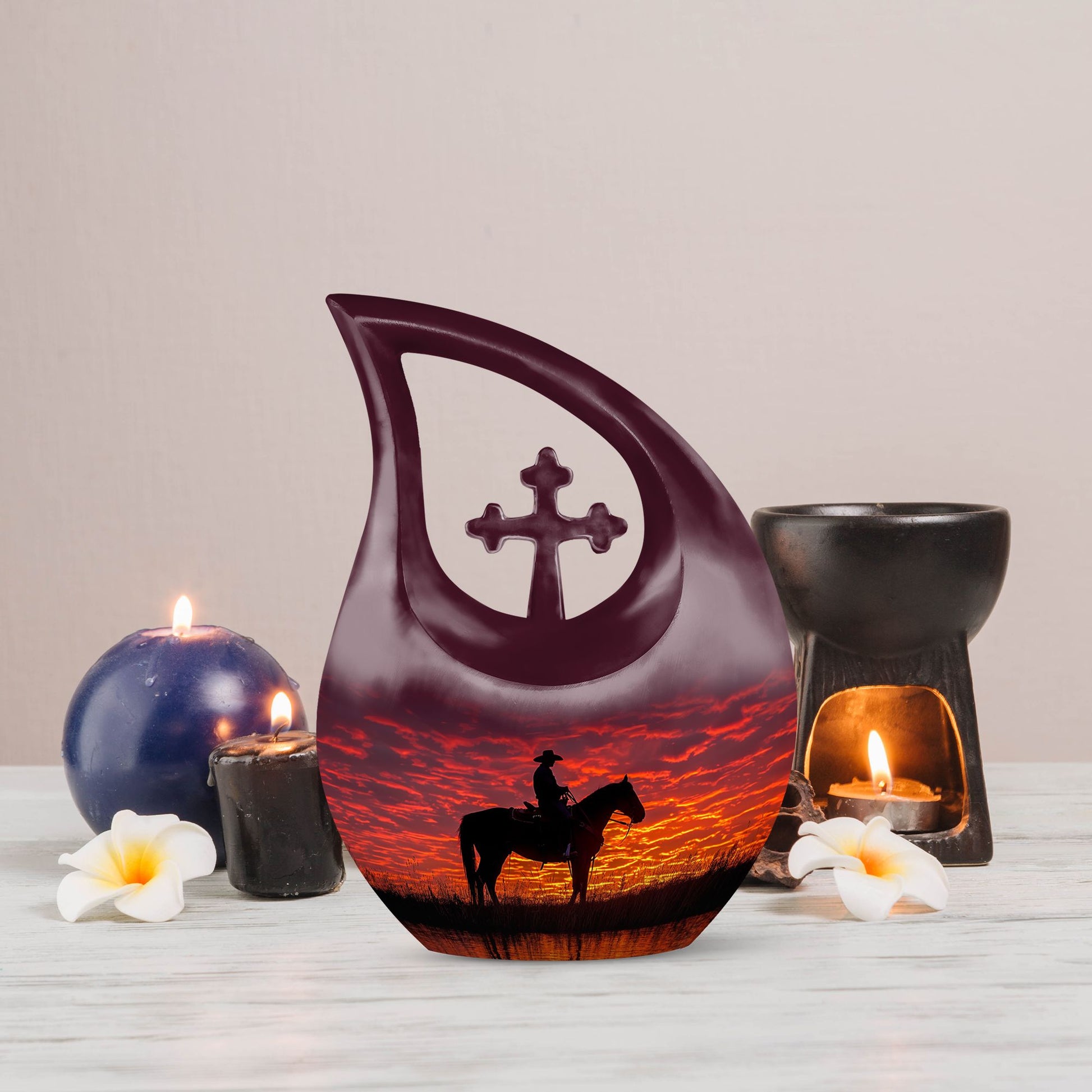 10-inch Cowboy theme Cross Drop design urn for human ashes