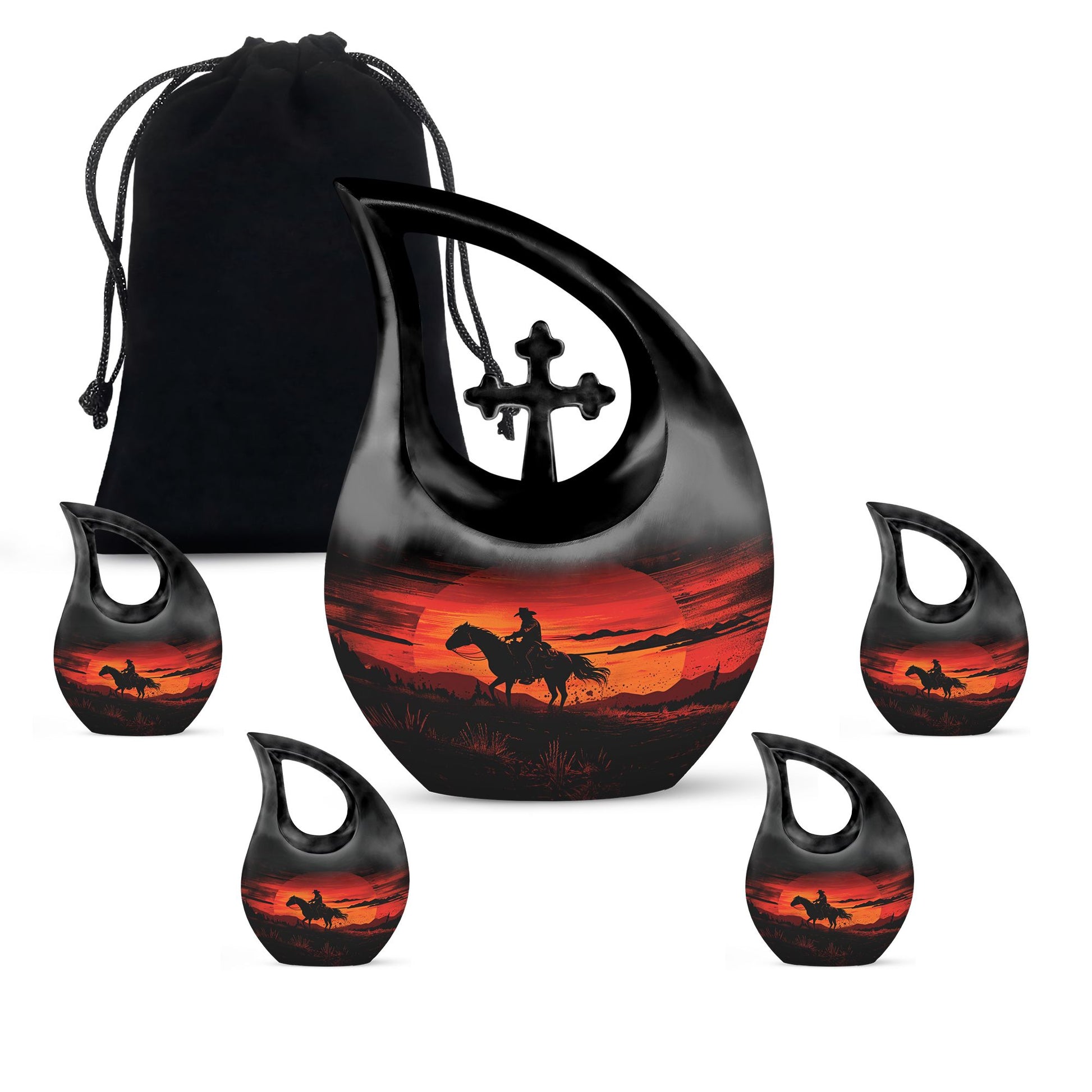 10-inch Cowboy-themed Large Urn with Aluminium Cross Drop design for ashes, includes velvet pouch