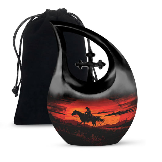 10-inch Cowboy-themed Large Urn with Aluminium Cross Drop design for ashes, includes velvet pouch