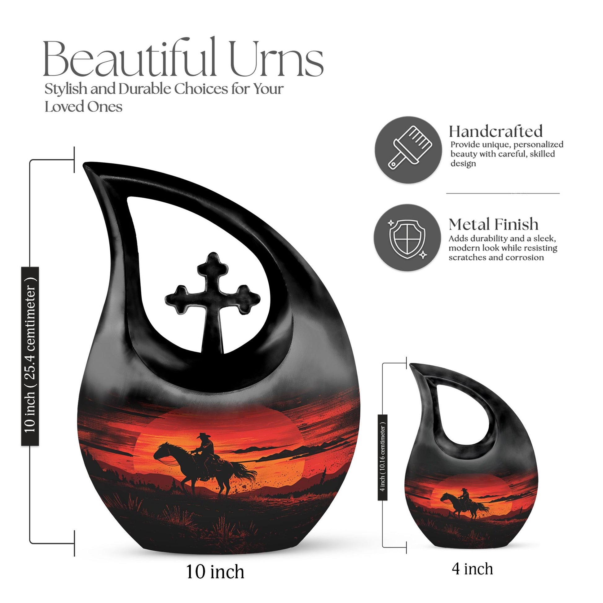 10-inch Cowboy-themed Large Urn with Aluminium Cross Drop design for ashes, includes velvet pouch