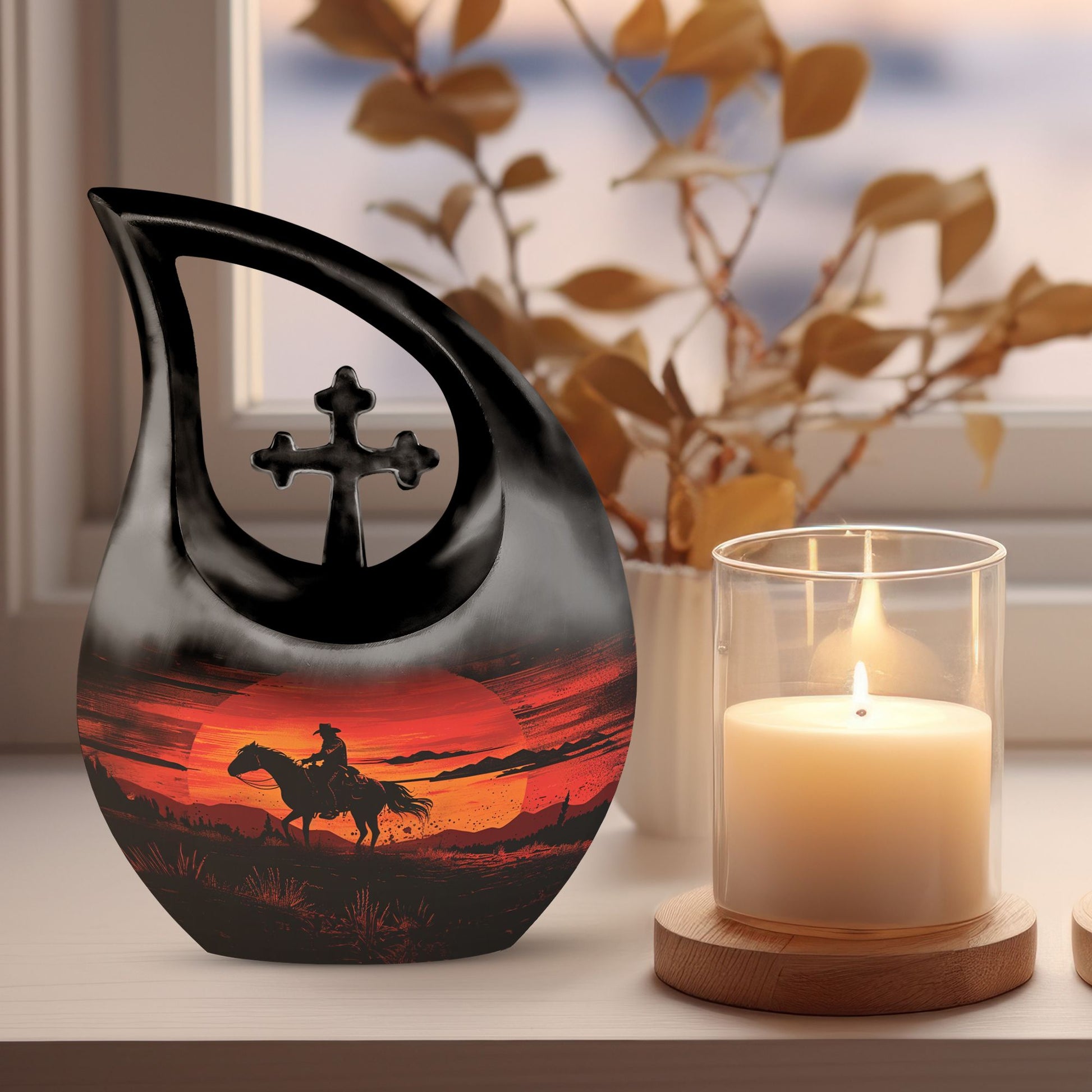 10-inch Cowboy-themed Large Urn with Aluminium Cross Drop design for ashes, includes velvet pouch