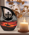 10-inch Cowboy-themed Large Urn with Aluminium Cross Drop design for ashes, includes velvet pouch