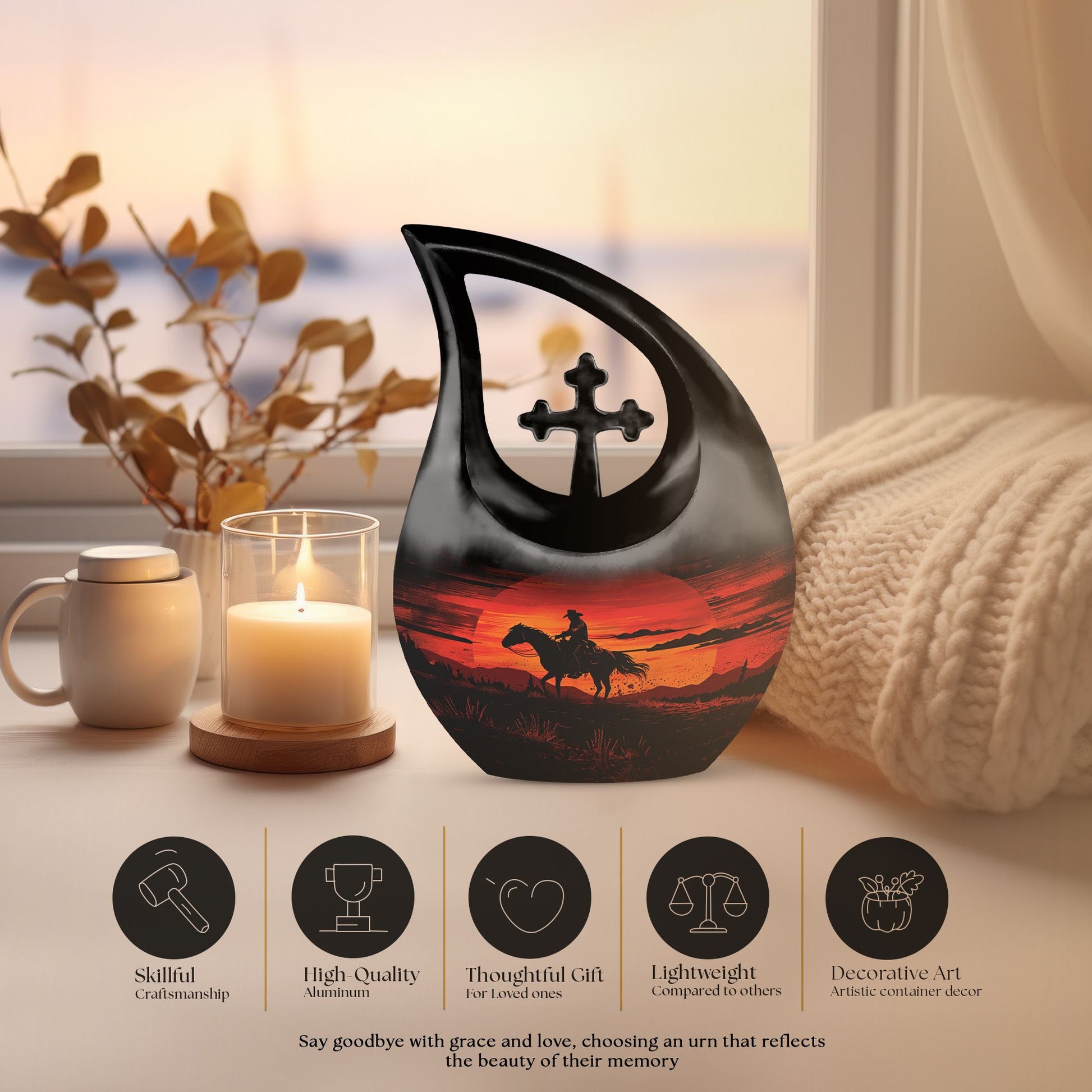 10-inch Cowboy-themed Large Urn with Aluminium Cross Drop design for ashes, includes velvet pouch