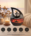 10-inch Cowboy-themed Large Urn with Aluminium Cross Drop design for ashes, includes velvet pouch