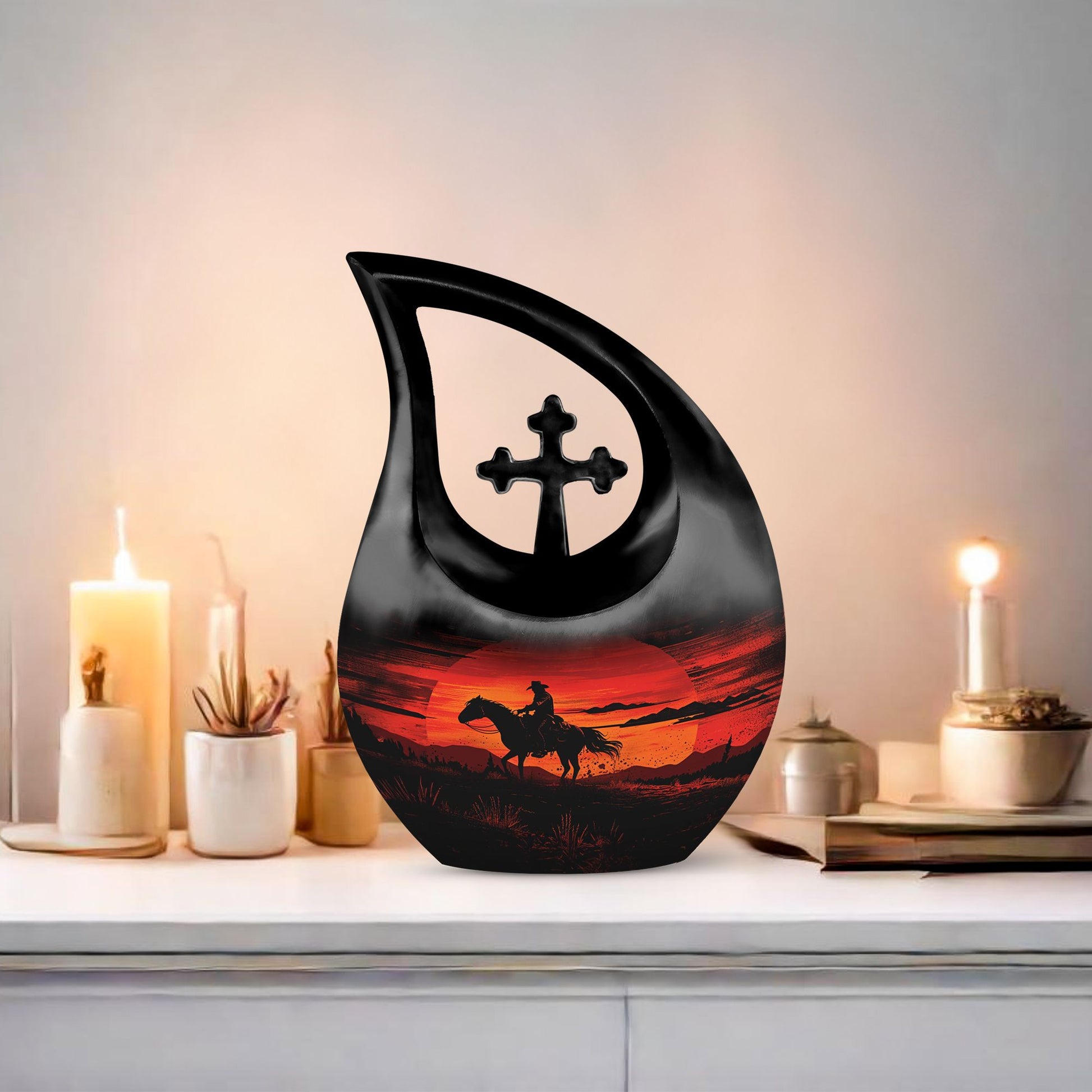 10-inch Cowboy-themed Large Urn with Aluminium Cross Drop design for ashes, includes velvet pouch