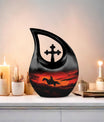 10-inch Cowboy-themed Large Urn with Aluminium Cross Drop design for ashes, includes velvet pouch