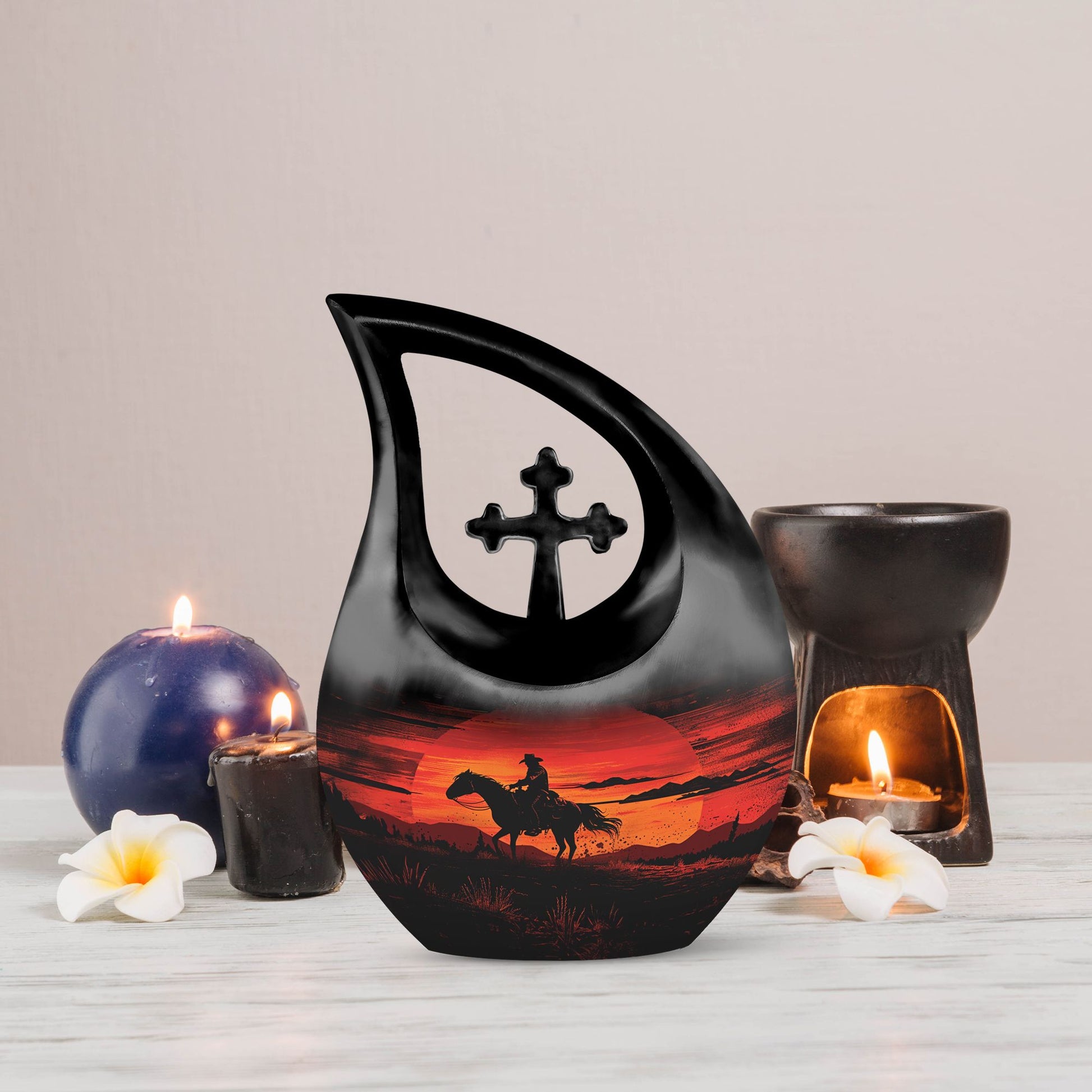 10-inch Cowboy-themed Large Urn with Aluminium Cross Drop design for ashes, includes velvet pouch