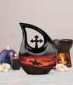 10-inch Cowboy-themed Large Urn with Aluminium Cross Drop design for ashes, includes velvet pouch