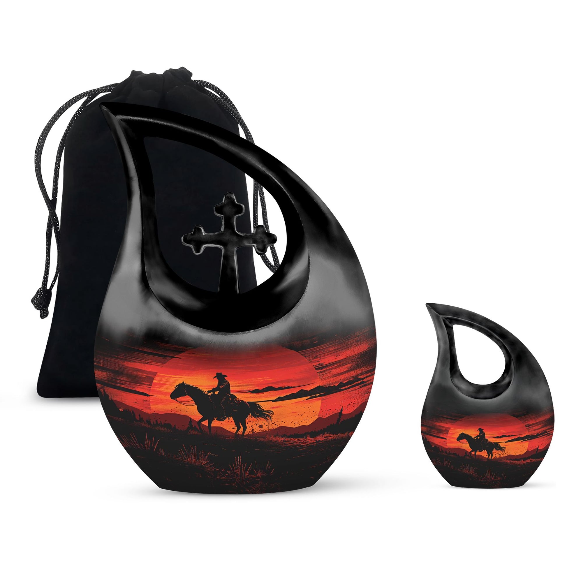 10-inch Cowboy-themed Large Urn with Aluminium Cross Drop design for ashes, includes velvet pouch