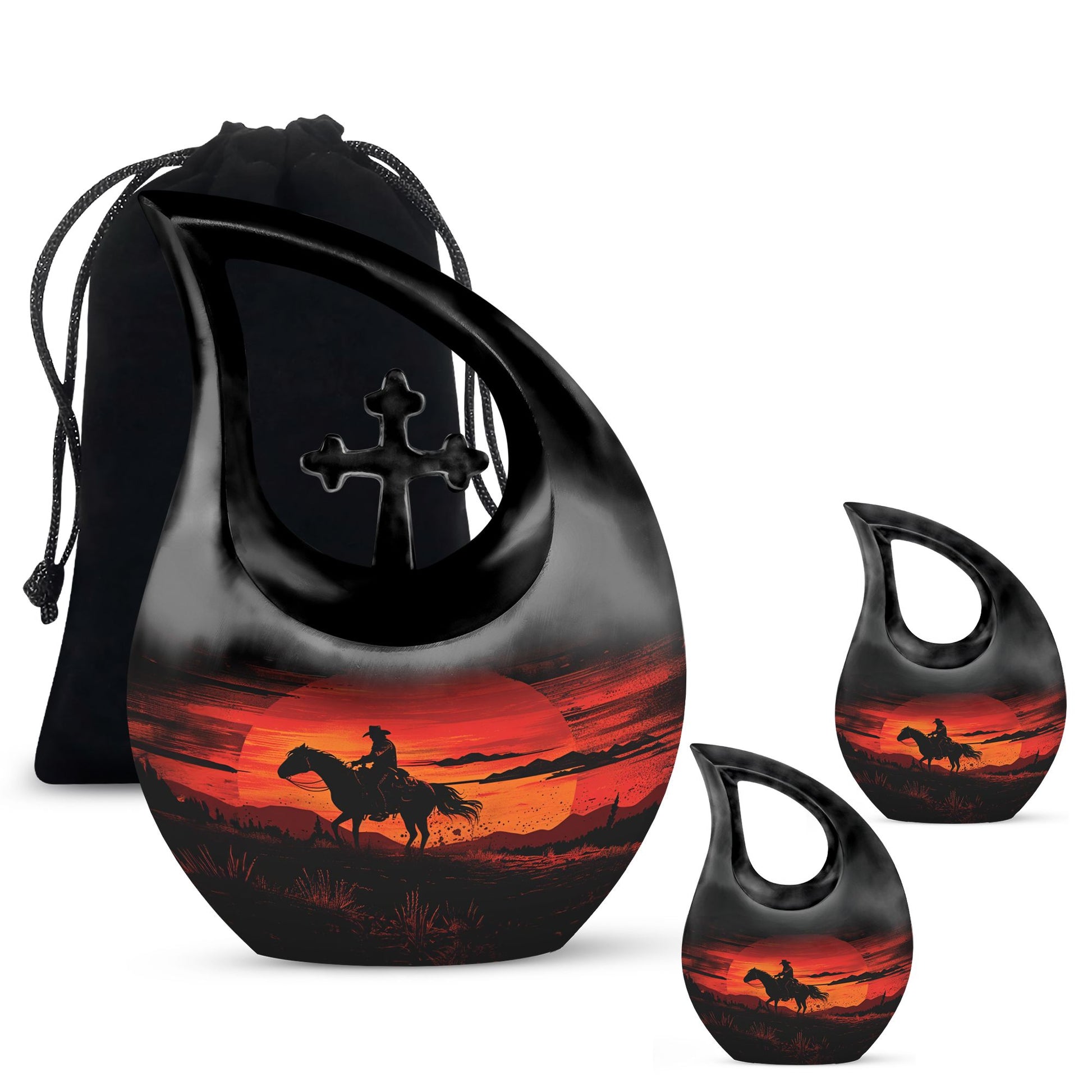 10-inch Cowboy-themed Large Urn with Aluminium Cross Drop design for ashes, includes velvet pouch