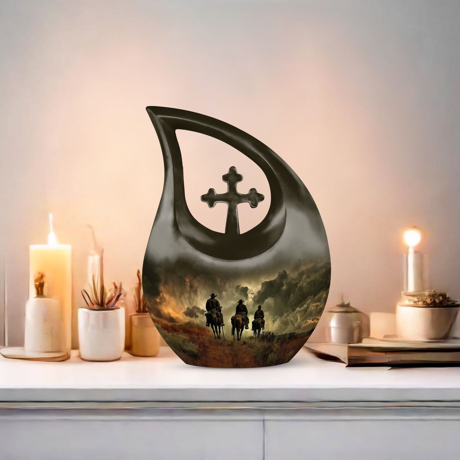 10 Inch Cross Drop Cowboy Urn crafted from Aluminium for Memorial Ashes