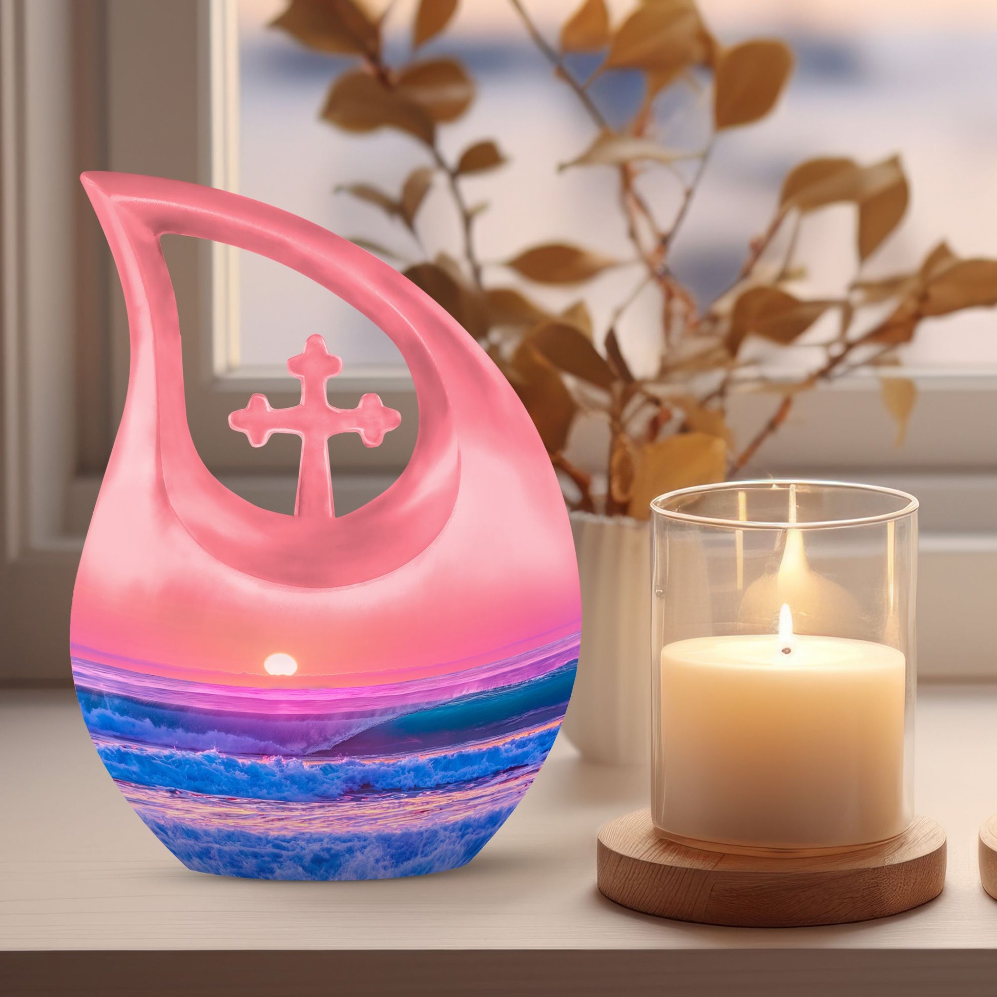 10-Inch Ocean Waves Cross Drop Cremation Urn