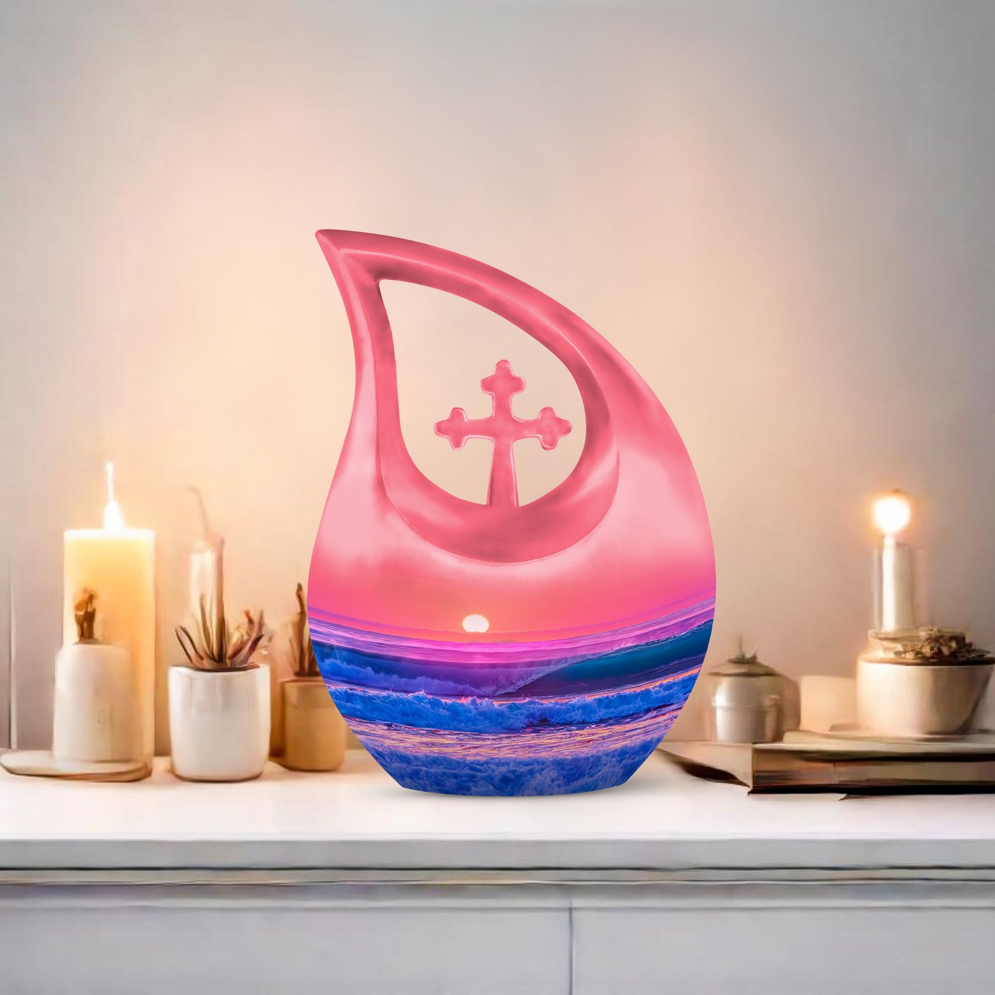 10-Inch Ocean Waves Cross Drop Cremation Urn