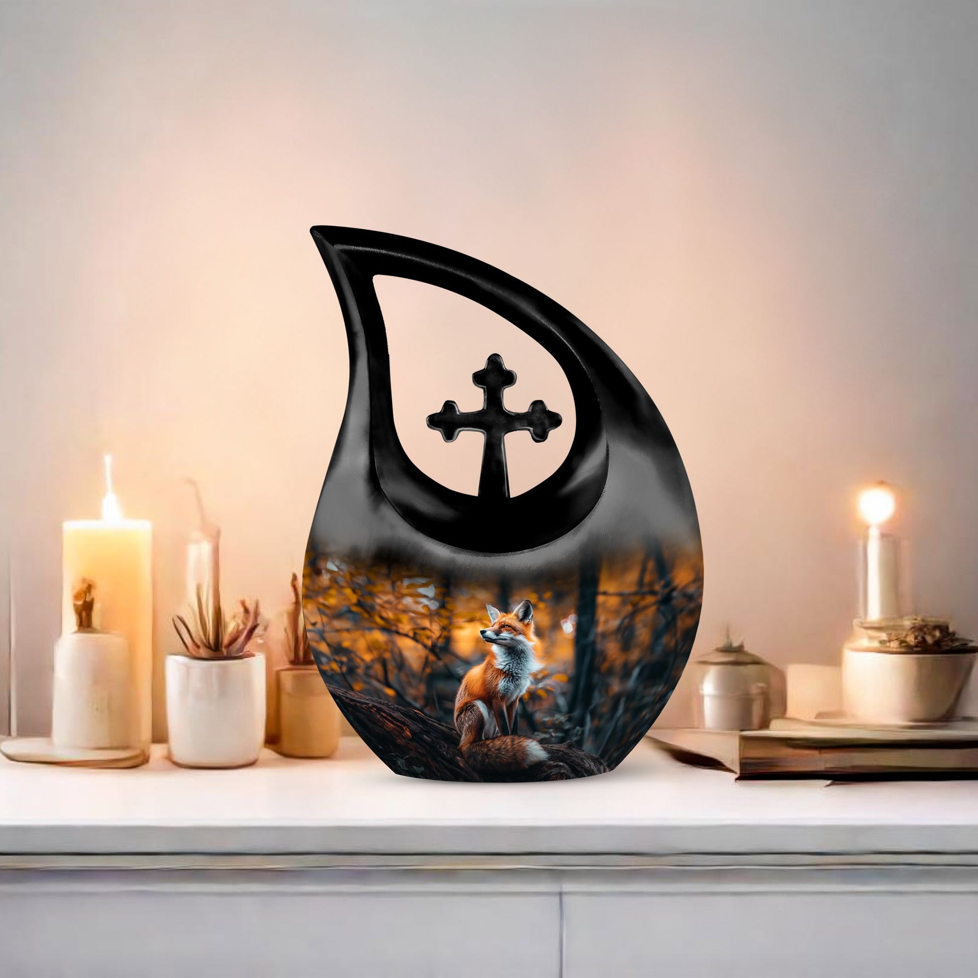 10-inch Fox themed Cross Drop design custom urn for ashes