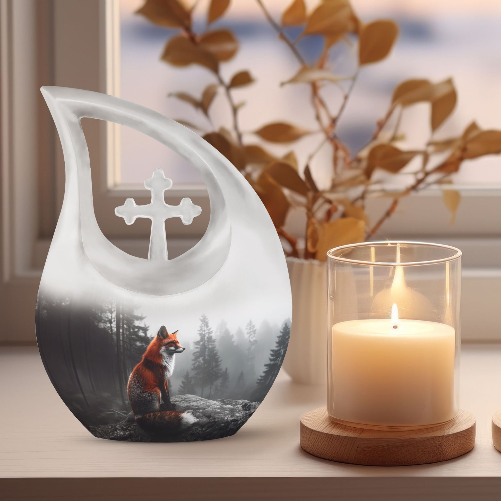 10 inch Fox-themed cross drop aluminium urn