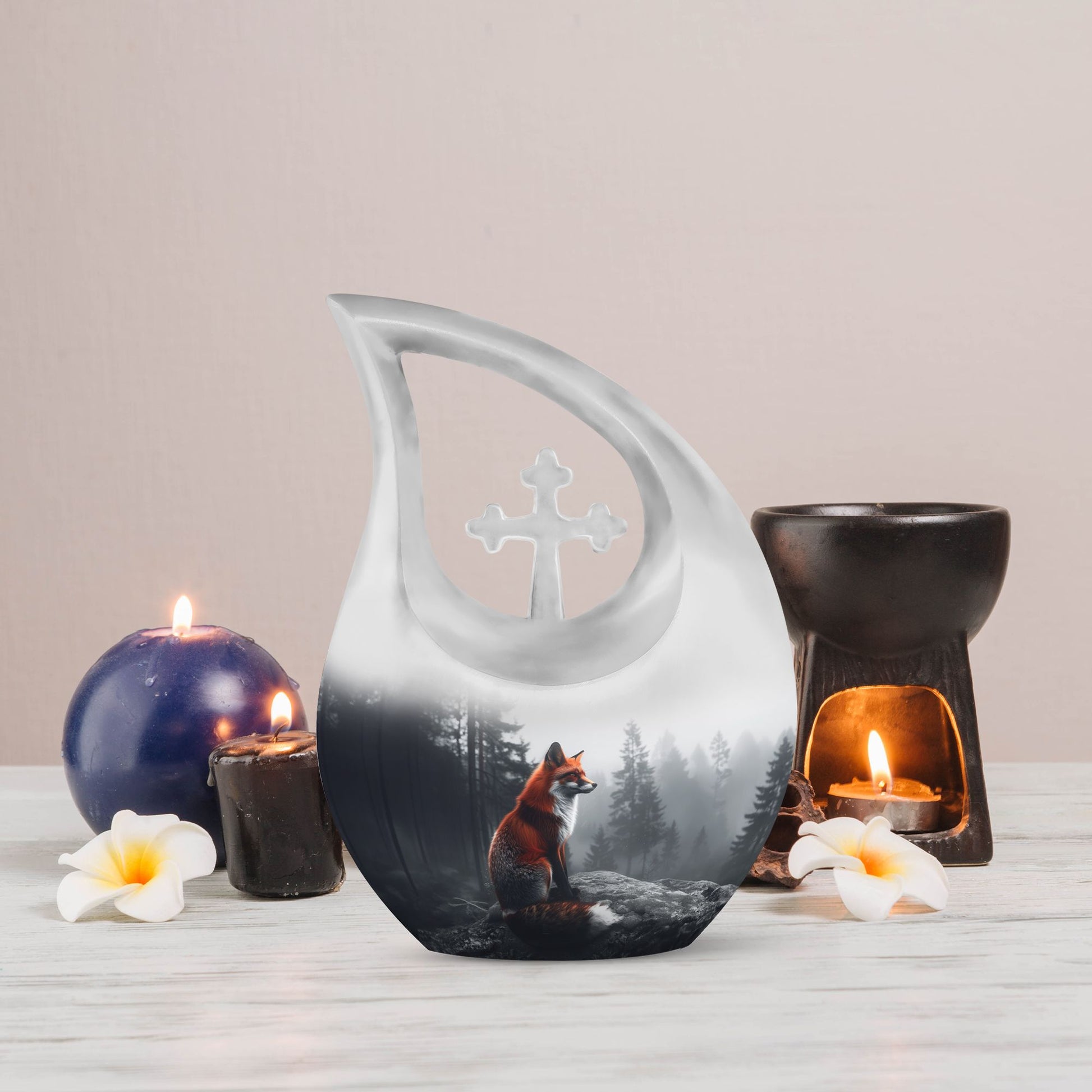 10 inch Fox-themed cross drop aluminium urn