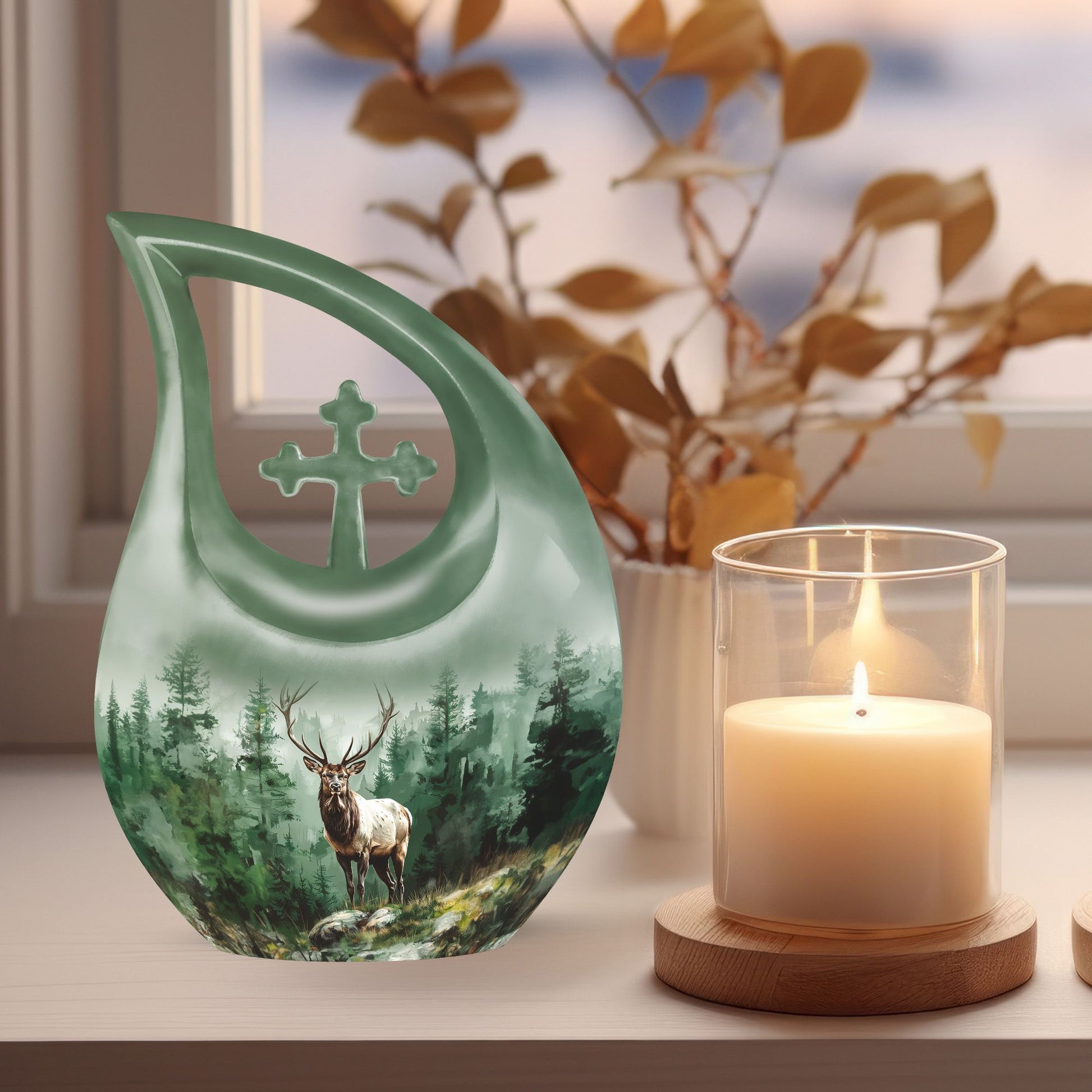 10-inch Deer themed Cross Drop large urn