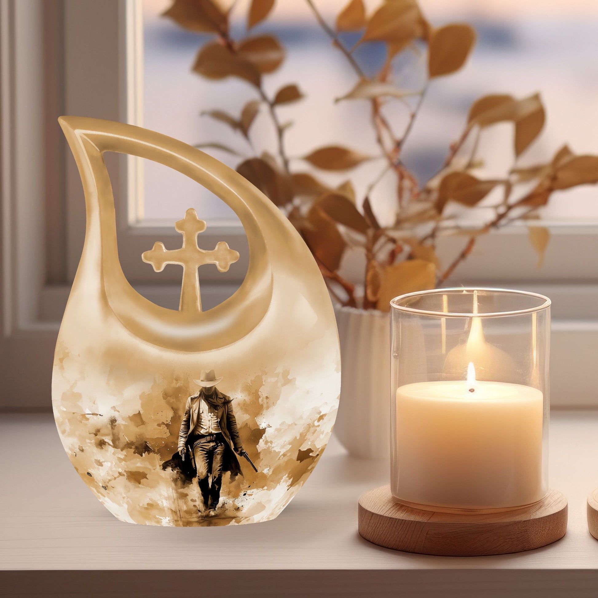 10-inch Cowboy Urn with Cross Drop design