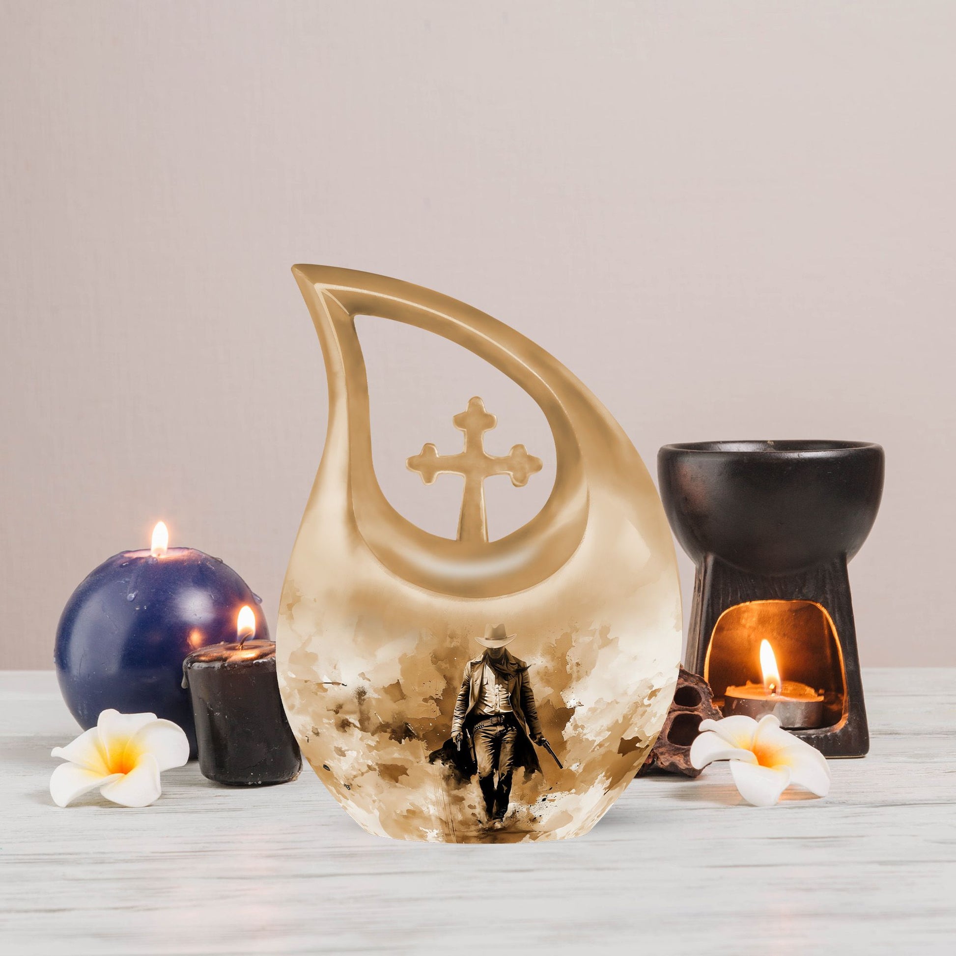 10-inch Cowboy Urn with Cross Drop design