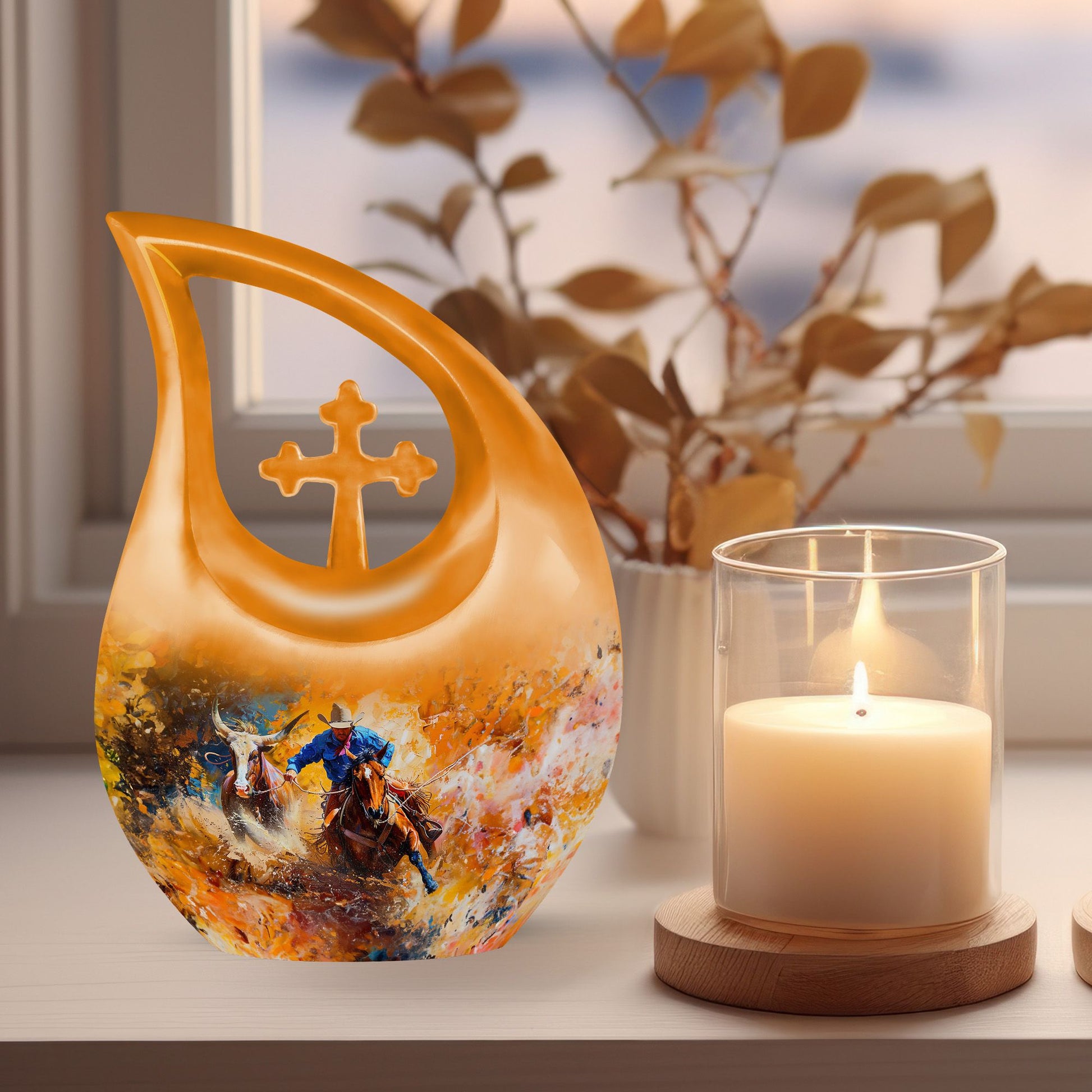 10-inch Cowboy Themed Cross Drop Cremation Urn