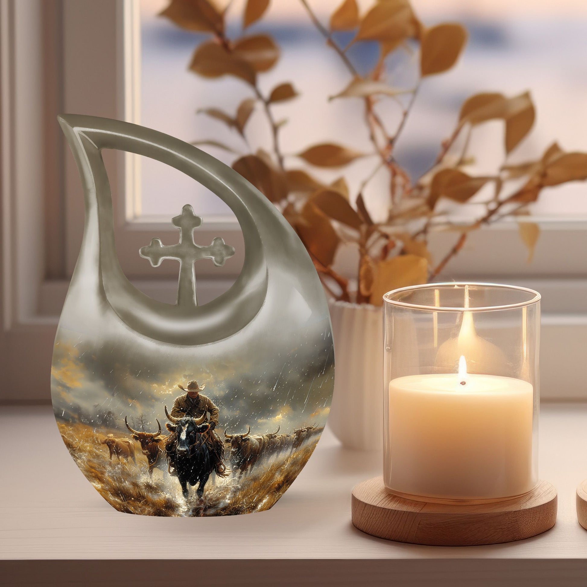 10 inch Pink Cowboy Urn with Cross Drop design, personalized for memorial use