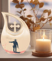 10 Inch Cowboy Urn with Cross Drop design, Large Memorial Urn made of Aluminium