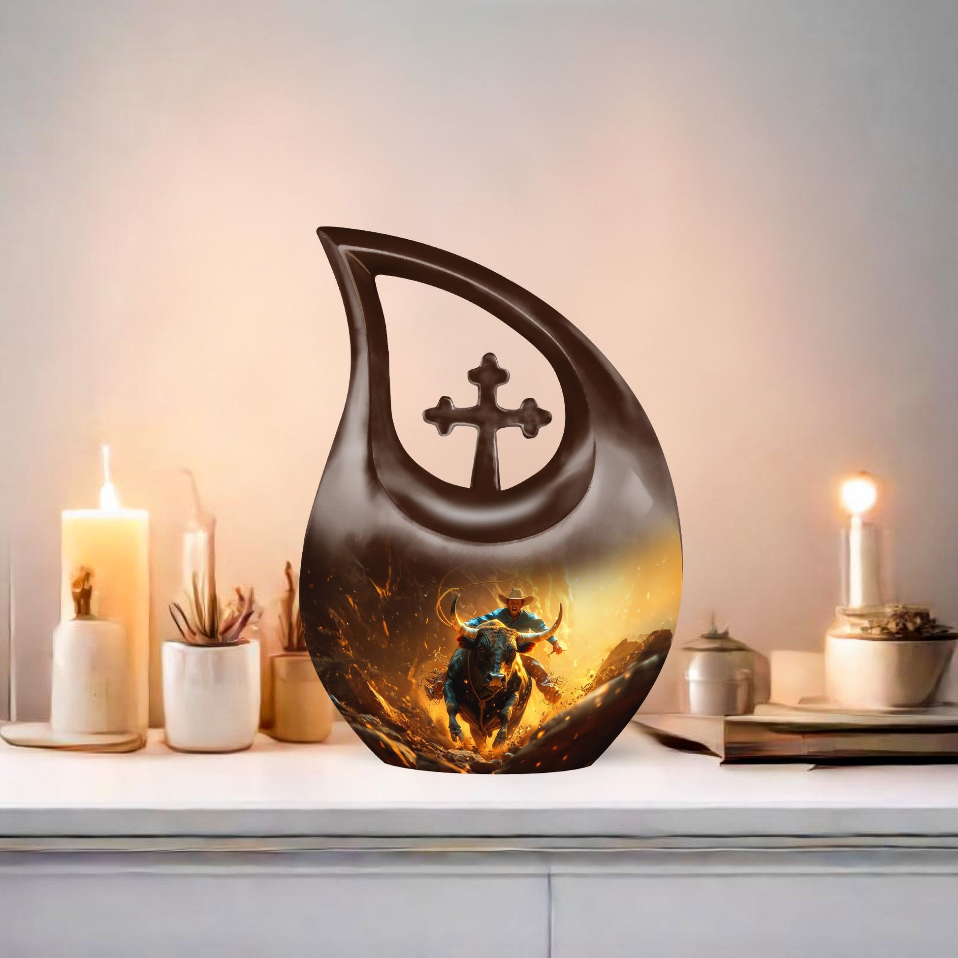 10-inch Cowboy-theme Cross Drop Memorial Urn