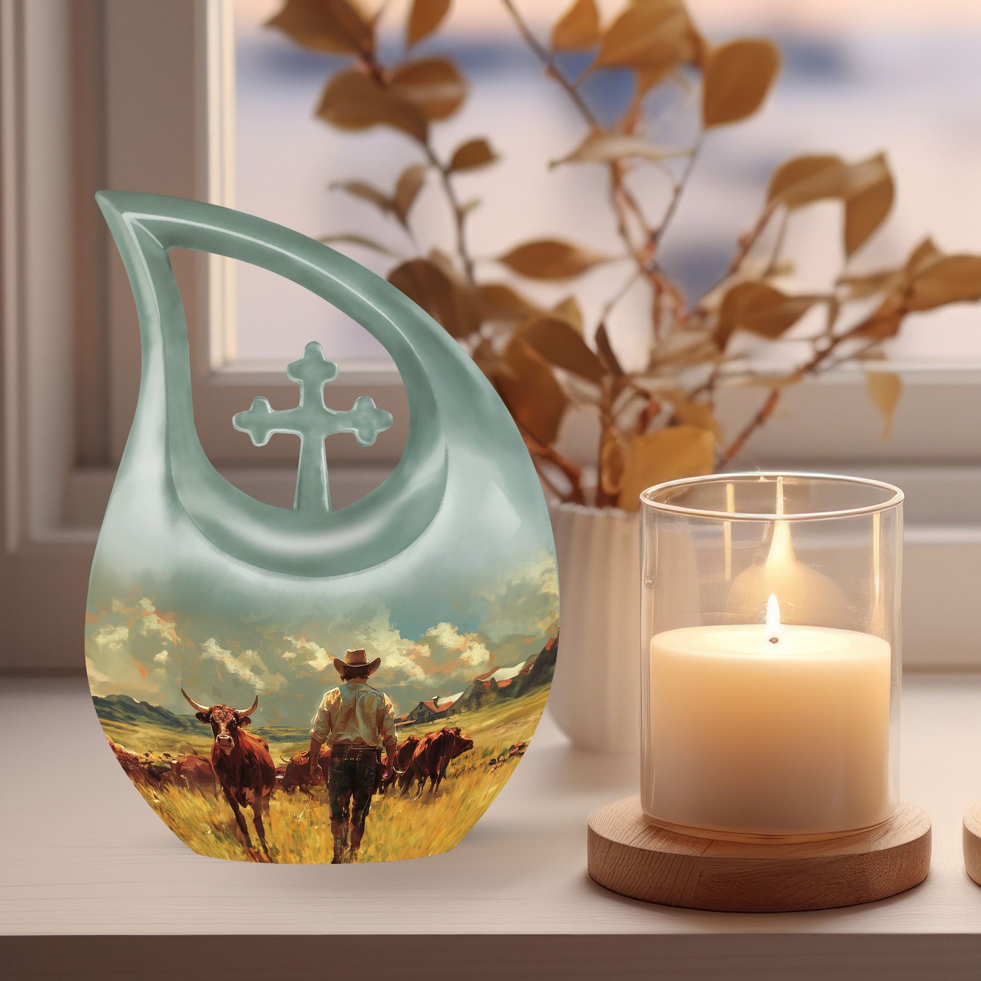 Cowboy-themed Cross Drop Modern Urn