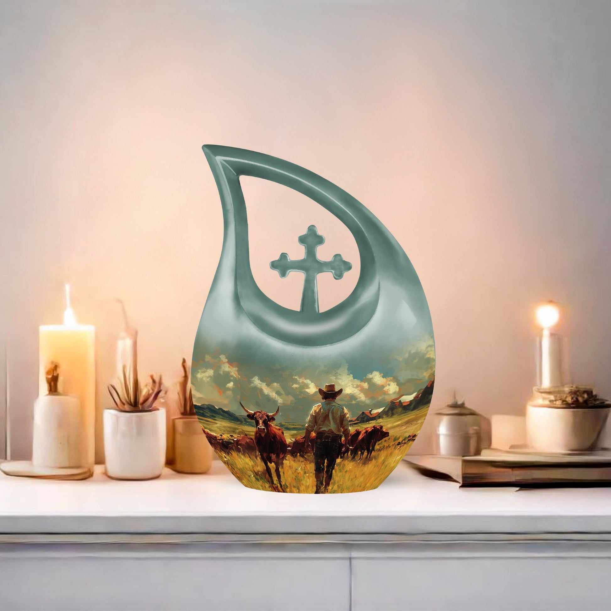 Cowboy-themed Cross Drop Modern Urn