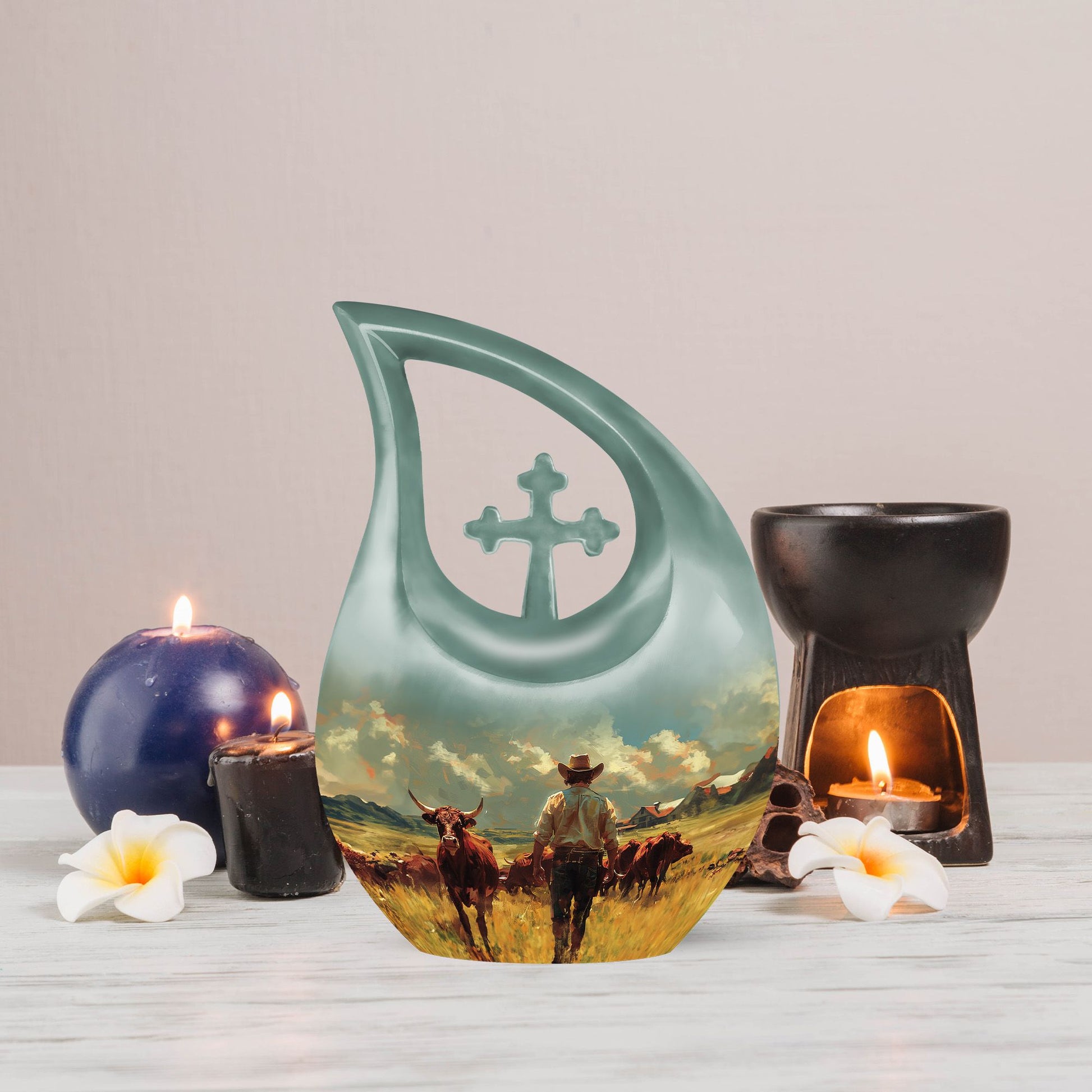 Cowboy-themed Cross Drop Modern Urn