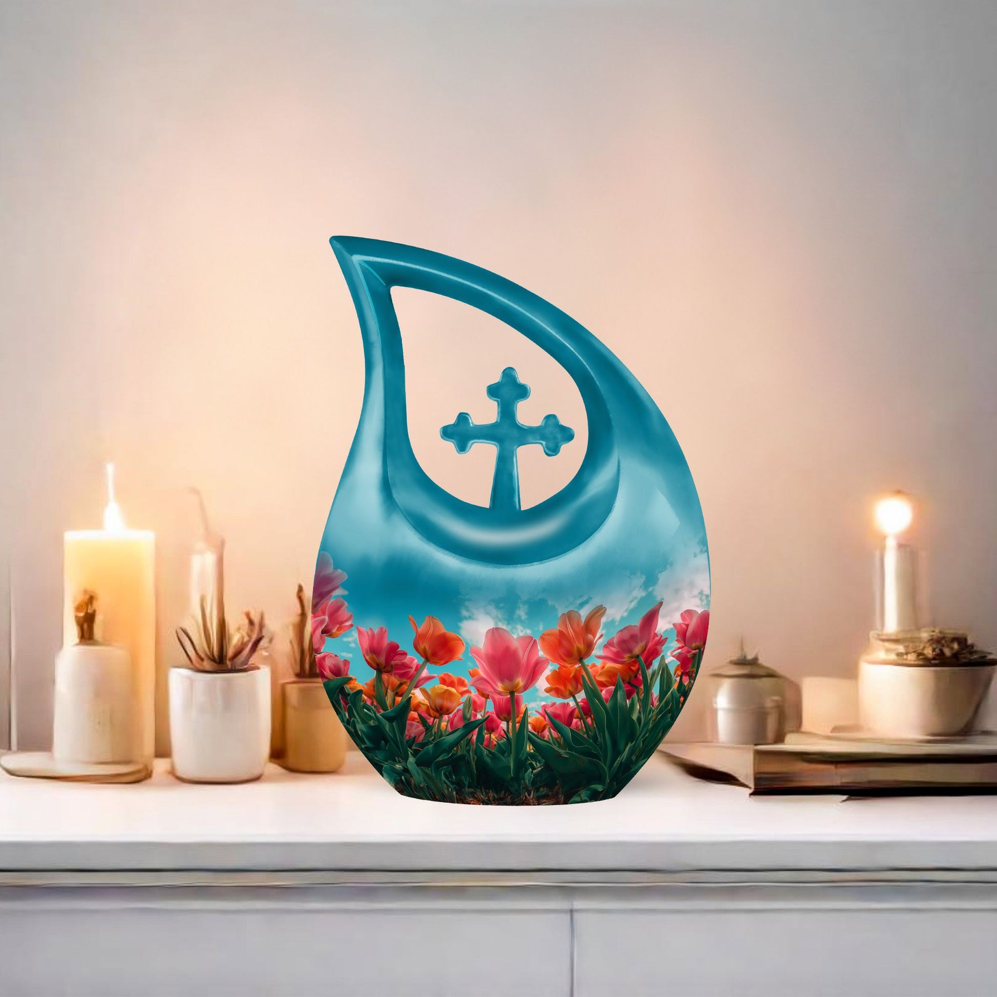 Medium-sized tulip-themed Cross Drop Urn