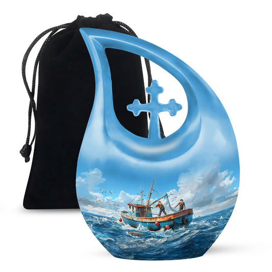 10-inch Fishing themed Cross Drop design Affordable Cremation Urn.