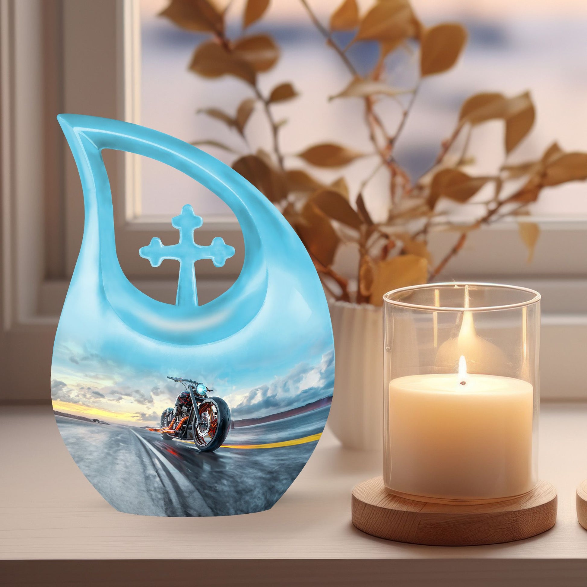 10-inch Motorcycle Urn with Cross Drop Design