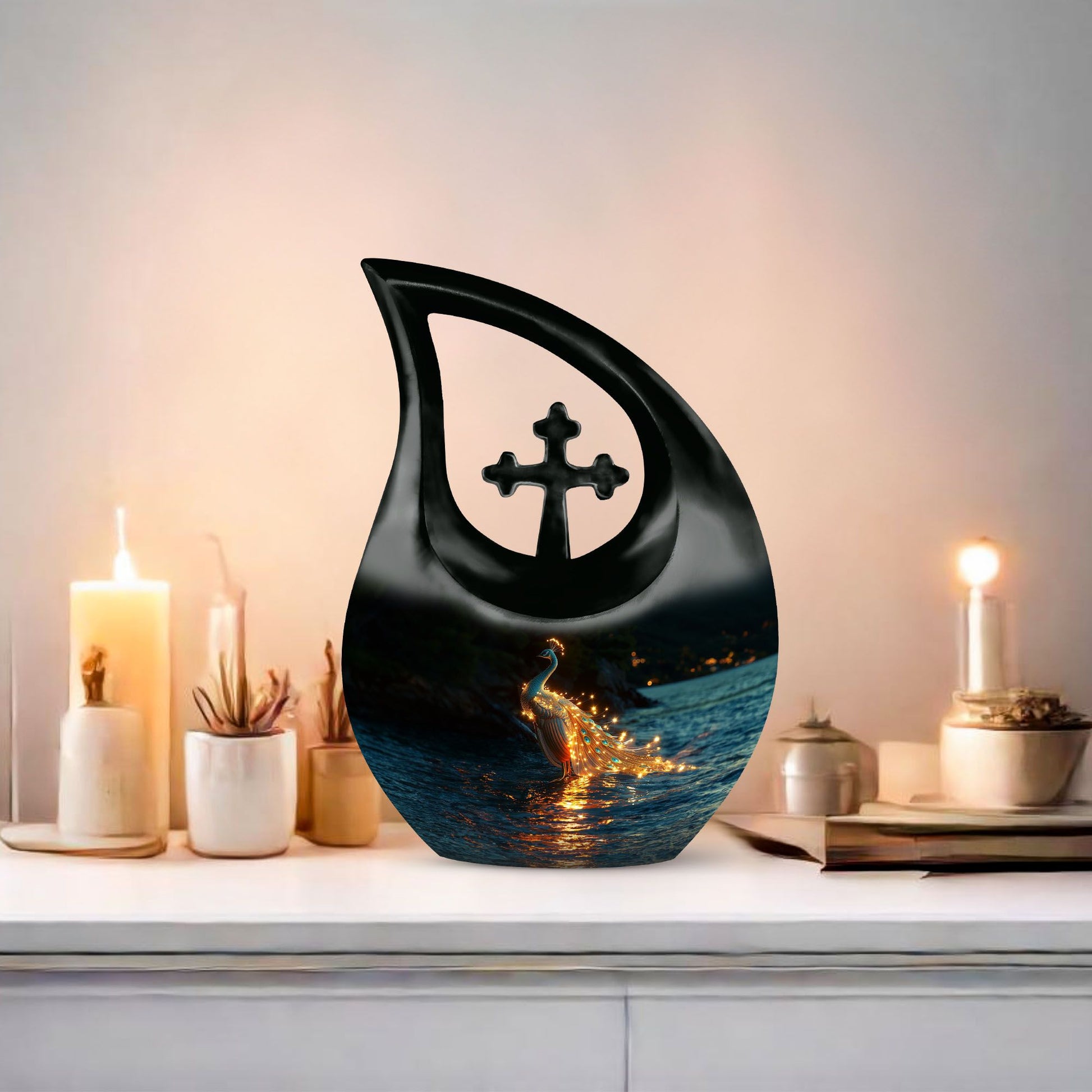 10-inch Peacock themed Cross Drop burial urn